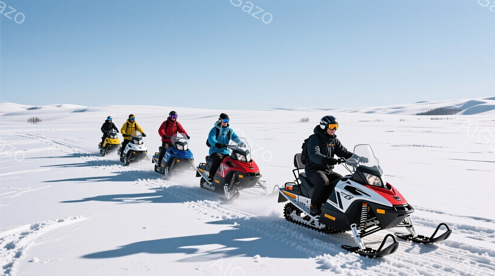 雪原をスノーモービルで走る人々が写っている。彼らは皆、ヘルメットと防寒着を着用し、寒さから身を守っている。背景には雪に覆われた平原が広がり、晴天の下、爽やかな冬の雰囲気が漂っている。