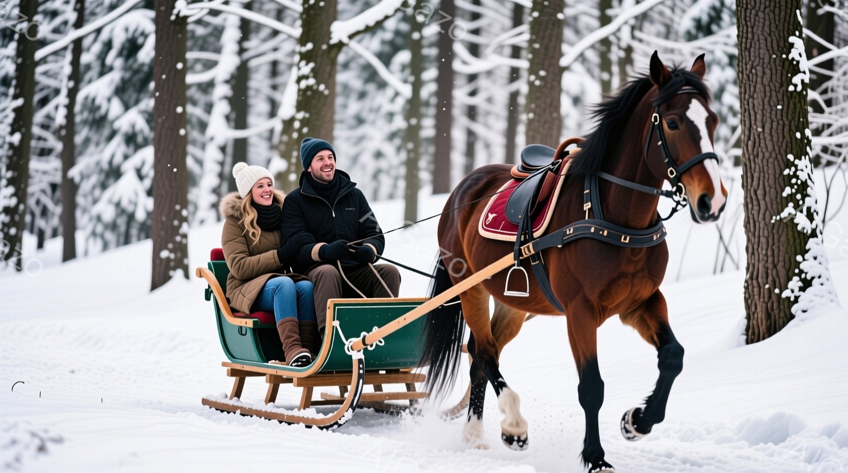雪景色の中で、ソリに乗った男女が写っている。女性はニット帽を被り、茶色のコートを着て笑顔を見せ、男性は黒い帽子とジャケットを着て、穏やかな表情でソリを引く馬を見ている。背景には雪をまとった木々が立ち並 - AI生成フリー素材