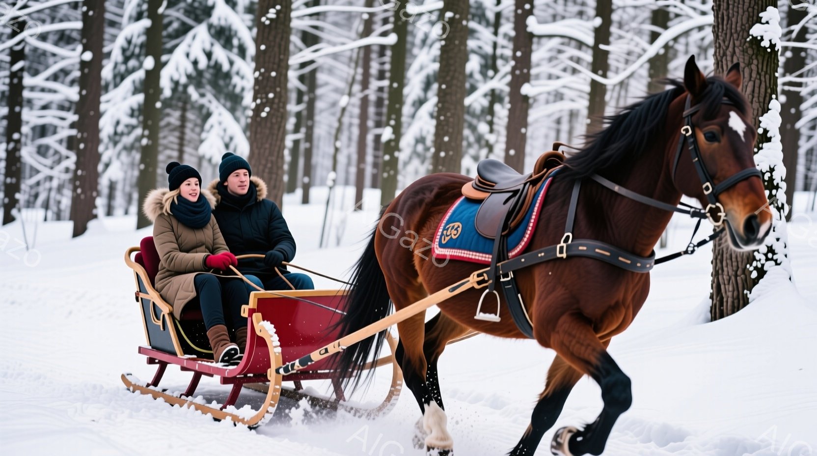 雪に覆われた森林の中を、茶色の馬が引くそりに二人の乗客が乗っている。女性はベージュのコートに黒い帽子をかぶり、男性は黒い帽子とコートを着ており、二人とも微笑んでいる。背景は雪で覆われた木々で、冬の静かで穏やかな雰囲気を醸し出している。