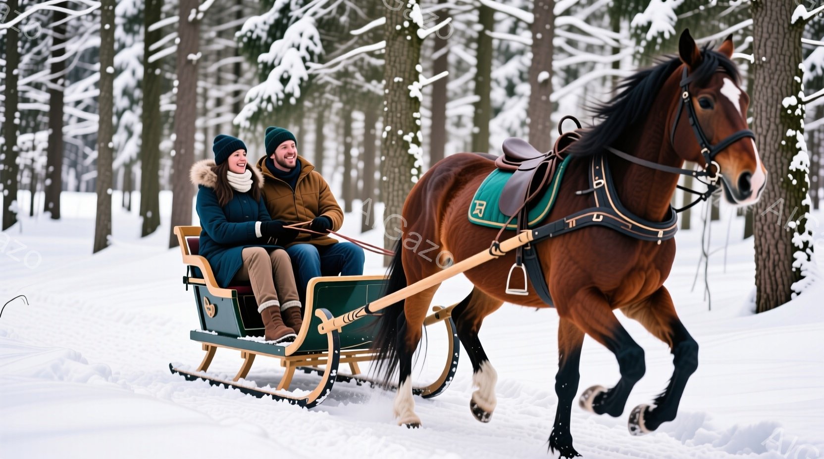 雪景色の中で、男女が馬に引かれるソリに乗っている様子が描かれている。女性は赤いニット帽と濃い青色のジャケット、男性は黒いニット帽とジャケットを着ており、共に笑顔で楽しんでいるようだ。背景には雪をまとった木々が立ち並び、冬の静かで幻想的な雰囲気を醸し出している。