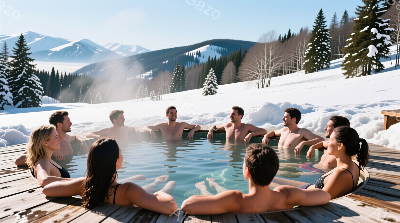雪に覆われた山々に囲まれた屋外の温泉に、複数の男女が浸かっています。皆、上半身を露出し、リラックスした表情で温泉を楽しんでいるようです。背景には針葉樹林が広がり、冬の澄んだ空の下、穏やかな雰囲気が漂っています。