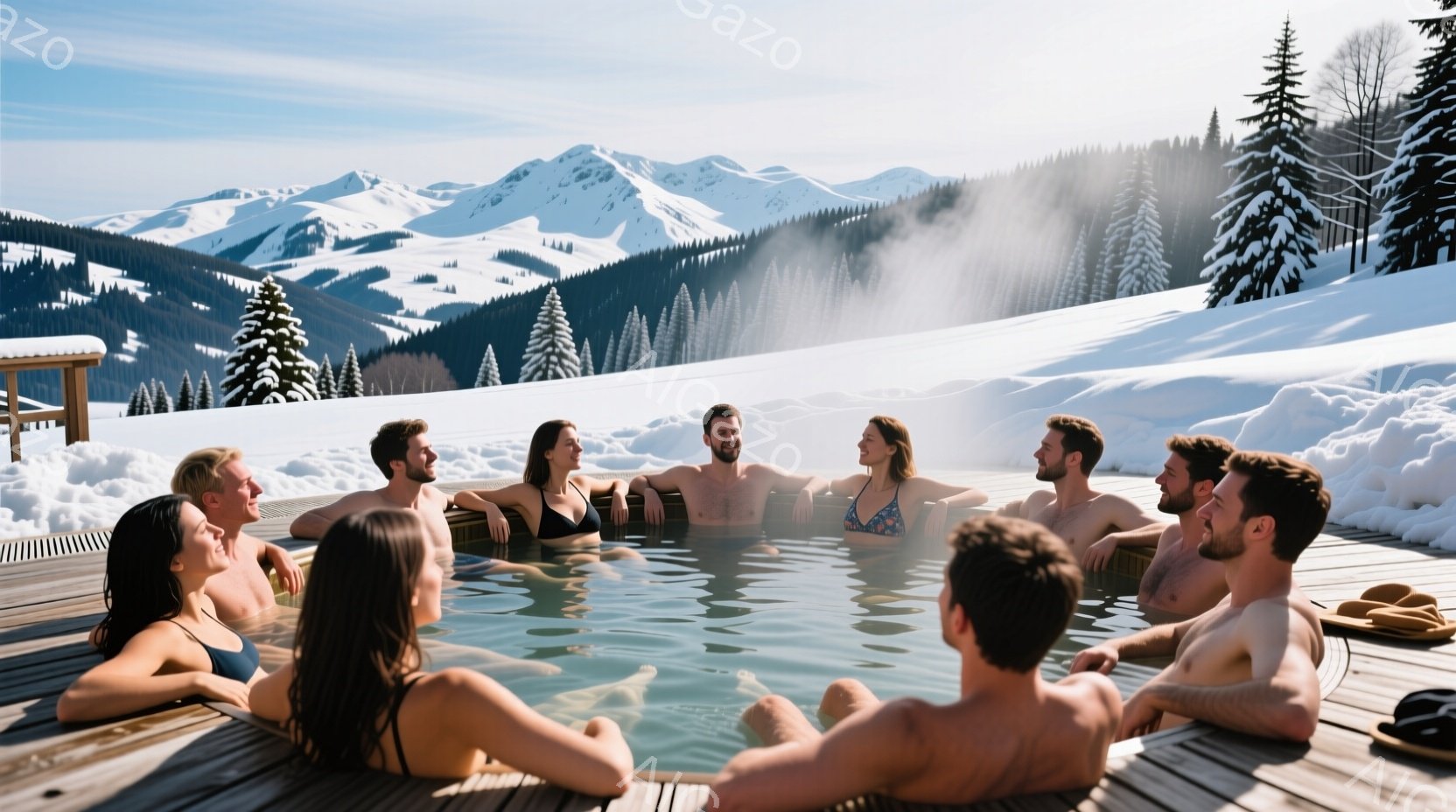 雪に覆われた山々に囲まれた温泉に、男女7人が入浴している様子が写っている。人々の多くは上半身を裸にしており、女性は水着を着用している。皆リラックスした表情で、穏やかな雰囲気の中でくつろいでいる。
