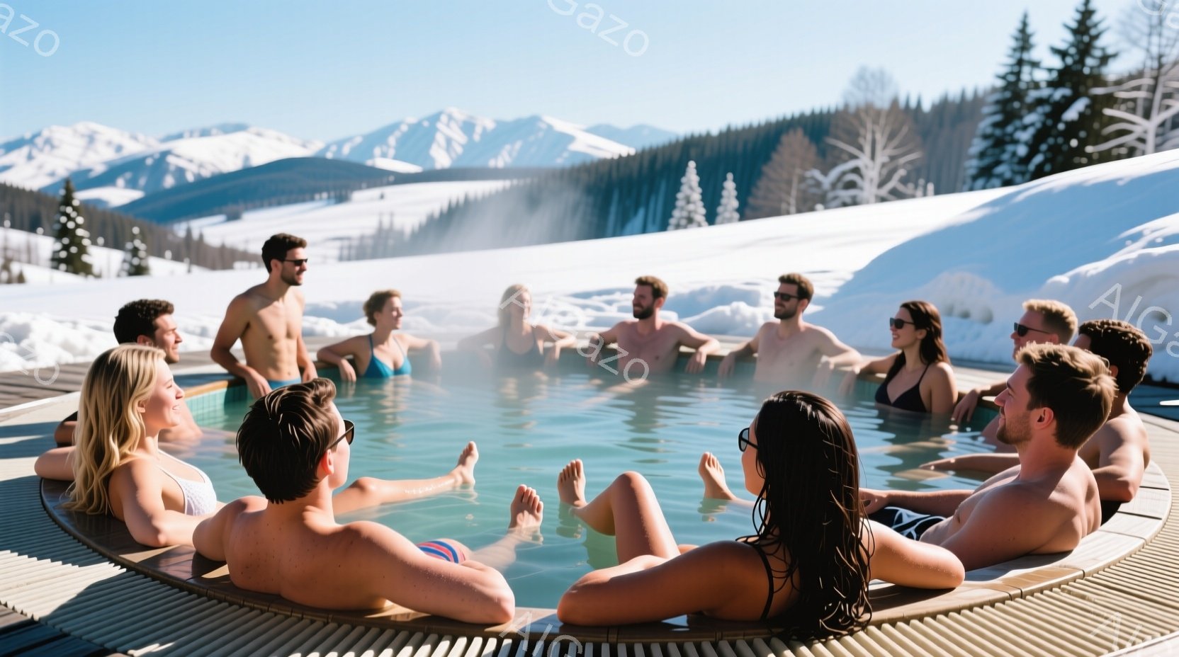 雪山の周りで、多数の裸で露天風呂を楽しむ若者たちが集まっている。太陽が昇り、空は晴れ、冷たい気温にもかかわず楽しんでいる姿が伝わってくる。群落の山やコスモグラフィー的な景色が透明な風呂水の中に反射され、浴客たちはその美しさを感じているようである。