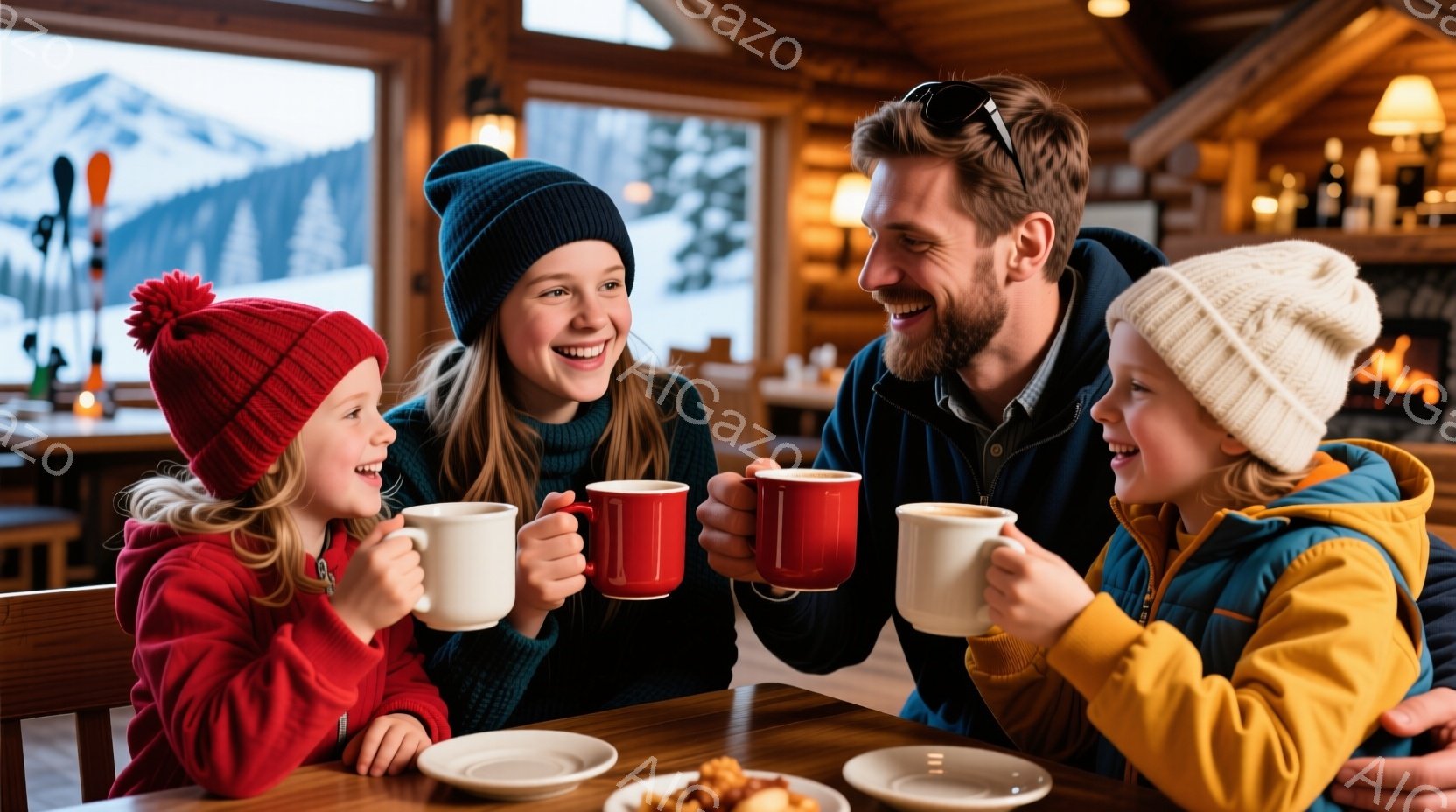 暖炉のある木のテーブルを囲み、家族四人が笑顔でマグカップを手にしている。母親は黒いニット帽を被り、娘は赤いニット帽、息子はクリーム色の帽子を被り、父親はサングラスをかけている。背景には雪山が広がり、室 - AI生成フリー素材