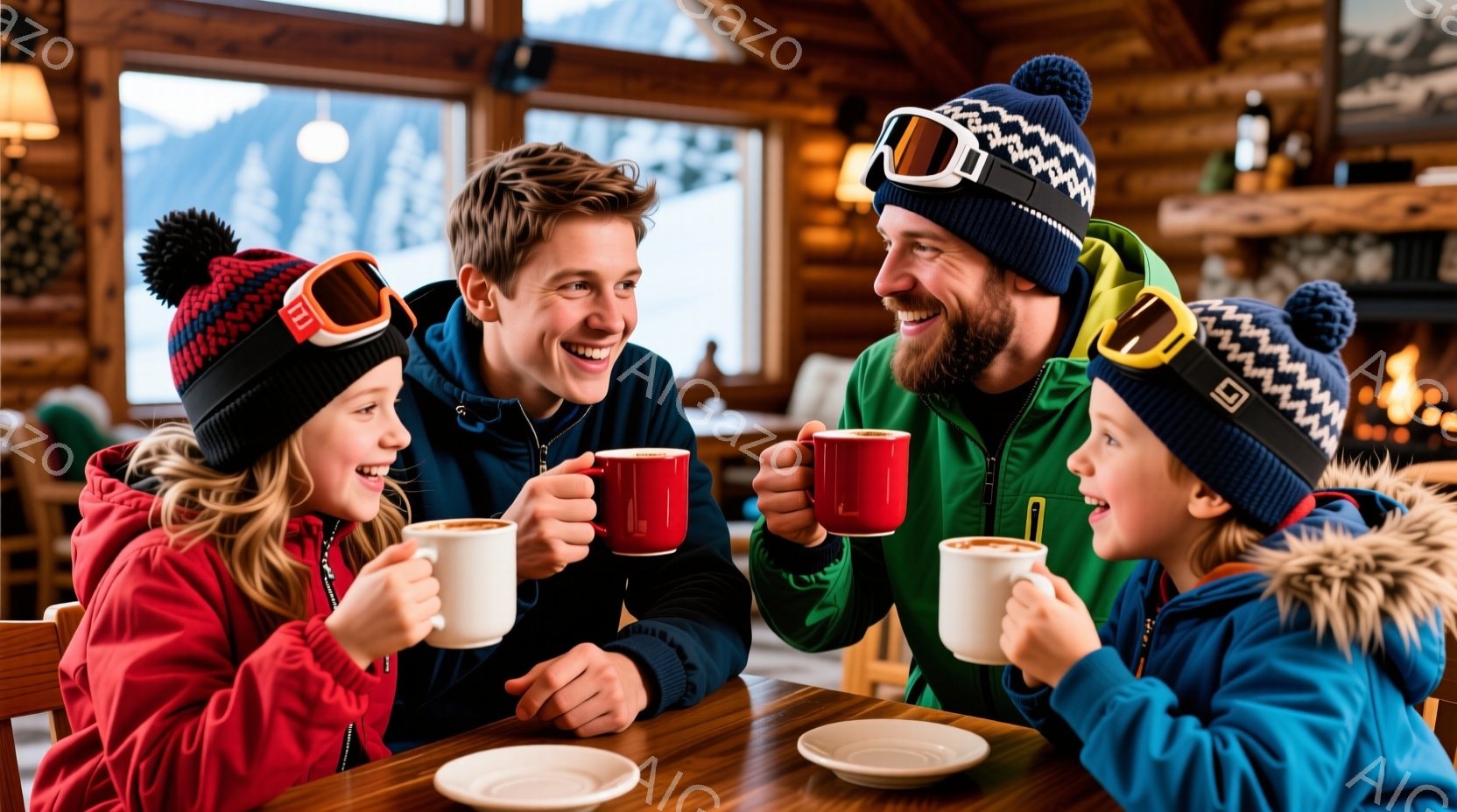 暖炉のある木の壁の部屋で、家族四人が温かい飲み物を楽しんでいます。少女はピンクのジャケットと毛糸の帽子を被り、少年は青いジャケットを着ており、両者ともスキーゴーグルを頭に載せています。両親はそれぞれ緑 - AI生成フリー素材