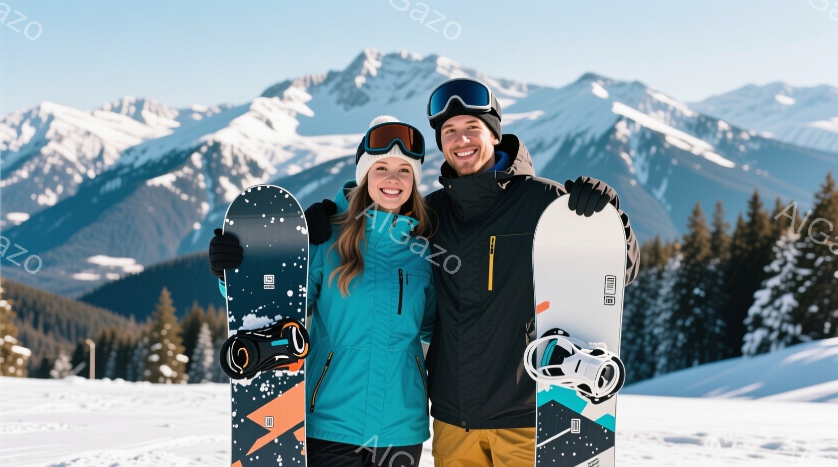 スキー場でスノーボードを持った男女が寄り添って写っています。女性は明るいターコイズブルーのジャケットに黒いレギンス、男性は黒のジャケットにベージュのパンツを着用しており、共にゴーグルをかけて笑顔を浮か - AI生成フリー素材