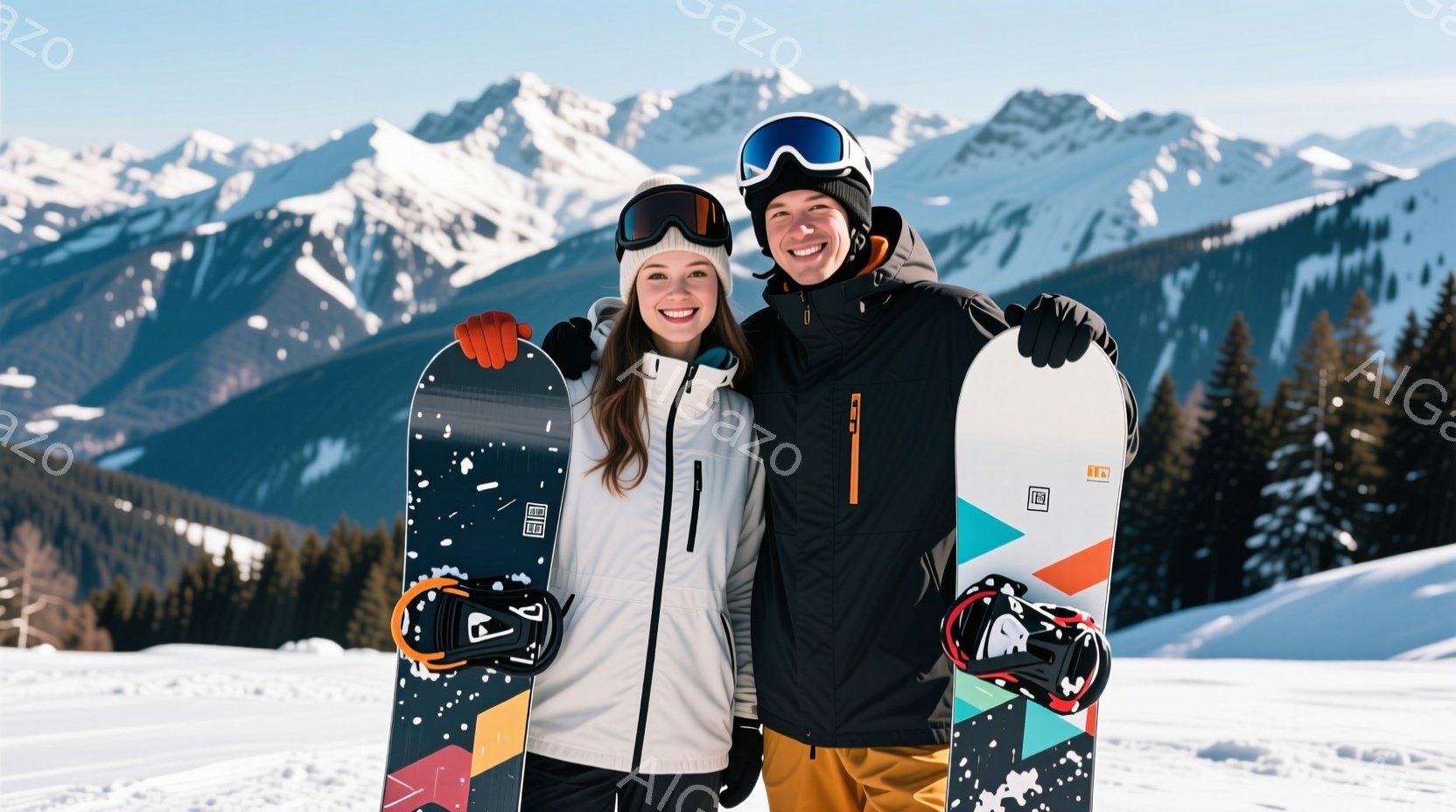 白い背景に、スノーボードを持った若い男女が寄り添って立っています。女性は長い茶髪で、白いジャケットと黒いズボンを着用し、明るい笑顔を見せています。男性は黒いジャケットに茶色のズボンを着用し、ゴーグルを - AI生成フリー素材