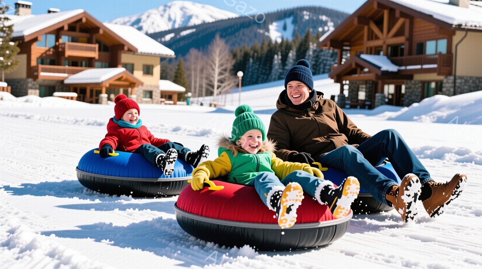 雪景色の中で、父親と二人の子供がスノーチューブを楽しんでいる様子が写っています。父親は紺色の帽子と黒いブーツを履き、デニム姿で笑顔を見せています。子供たちはそれぞれ赤いスノーチューブと青いスノーチューブに乗り、明るい色の防寒着を着て楽しそうに笑っています。背景には木造の建物と雪をまとった山々が広がり、晴天の下、暖かく活気のある冬の雰囲気が漂っています。