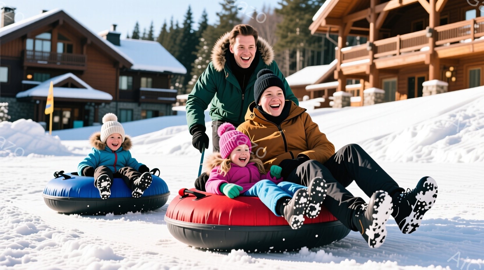 雪景色の中で、父親と二人の子供たちがスノーチューブを楽しんでいる様子が写っています。父親は緑色のジャケットを着ており、子供たちはそれぞれ青色と赤色のスノーチューブに乗って笑顔を見せています。背景には木造の建物が立ち並び、晴れた冬空の下、家族の温かい雰囲気が伝わってきます。