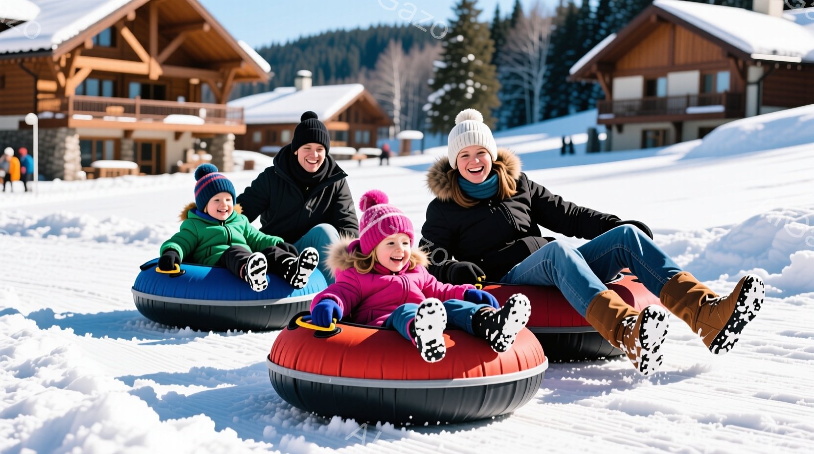 雪景色の中で、家族がスノーチューブを楽しんでいる様子が写っている。母親は黒いジャケットとジーンズ、ブーツ姿で笑顔を見せ、息子と娘がそれぞれ青と赤のスノーチューブに乗って楽しんでいる。背景には木造の建物と雪に覆われた森林が見え、晴天の下、温かい家族の雰囲気が伝わってくる。