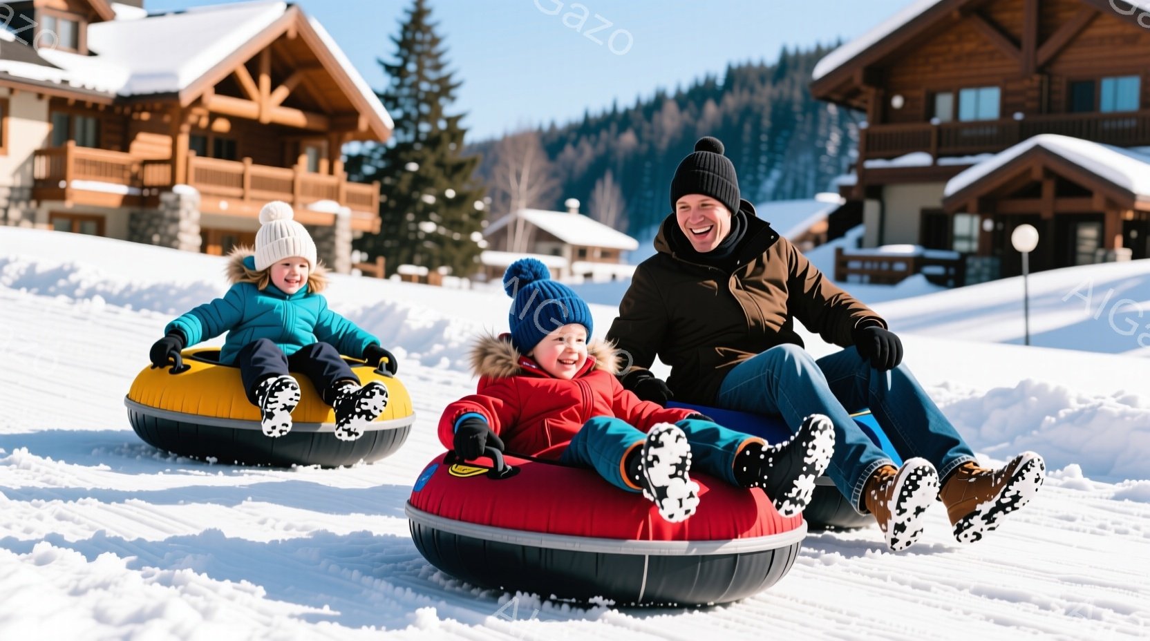 雪景色の中で、父親と二人の子供がスノーチューブを楽しんでいる様子が描かれています。父親は黒いニット帽を被り、笑顔でスノーチューブに乗っており、子供たちはそれぞれ黄色と赤のスノーチューブに乗って楽しんでいます。背景には木造の建物が立ち並び、晴天の下、雪原が広がっています。