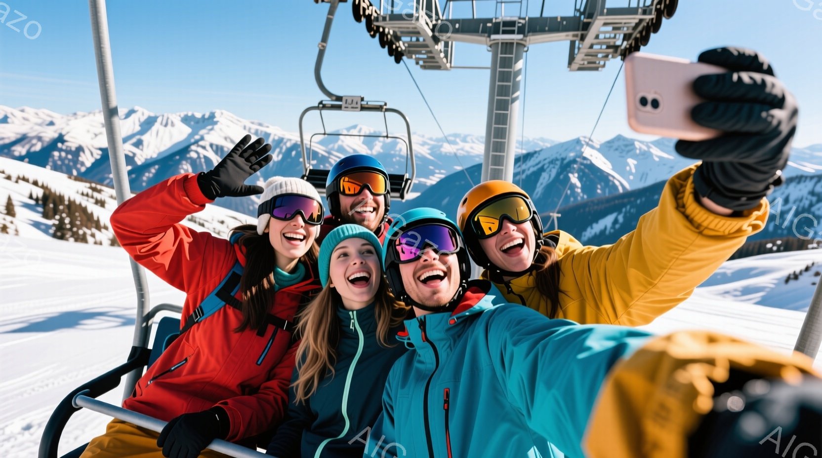 リフトに乗っている四人のグループが、自撮りで笑顔を見せています。彼らはカラフルなスキーウェアとゴーグルを着用し、それぞれ異なる髪型をしています。背景には雪に覆われた山々が広がり、晴天の下、爽やかな冬の - AI生成フリー素材