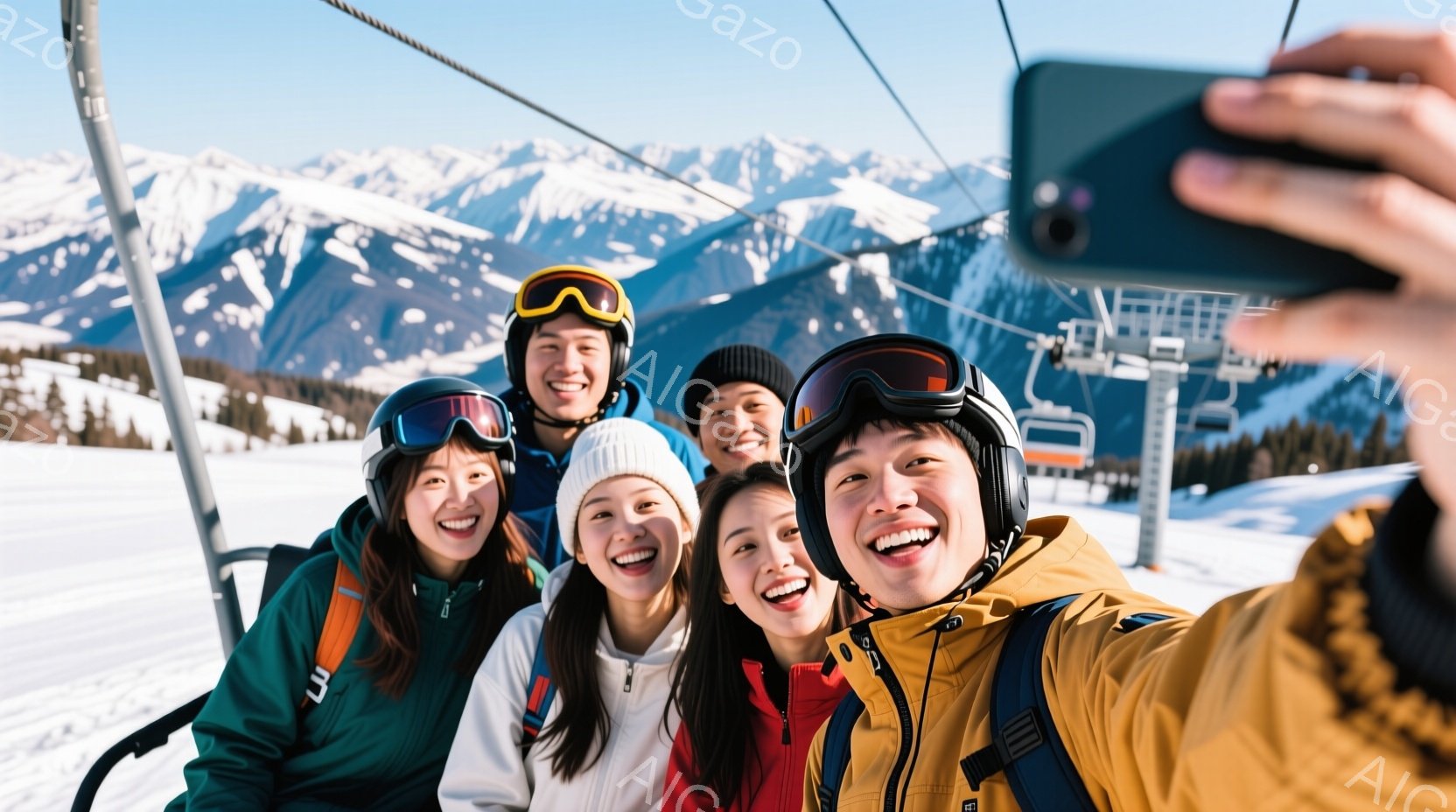 雪山を背景に、スキーまたはスノーボードを楽しむグループのセルフィー写真です。彼らは皆、防寒着やゴーグルを着用し、笑顔でカメラに向かってポーズをとっています。背景には雪に覆われた山々が広がり、晴天の空が広がっています。