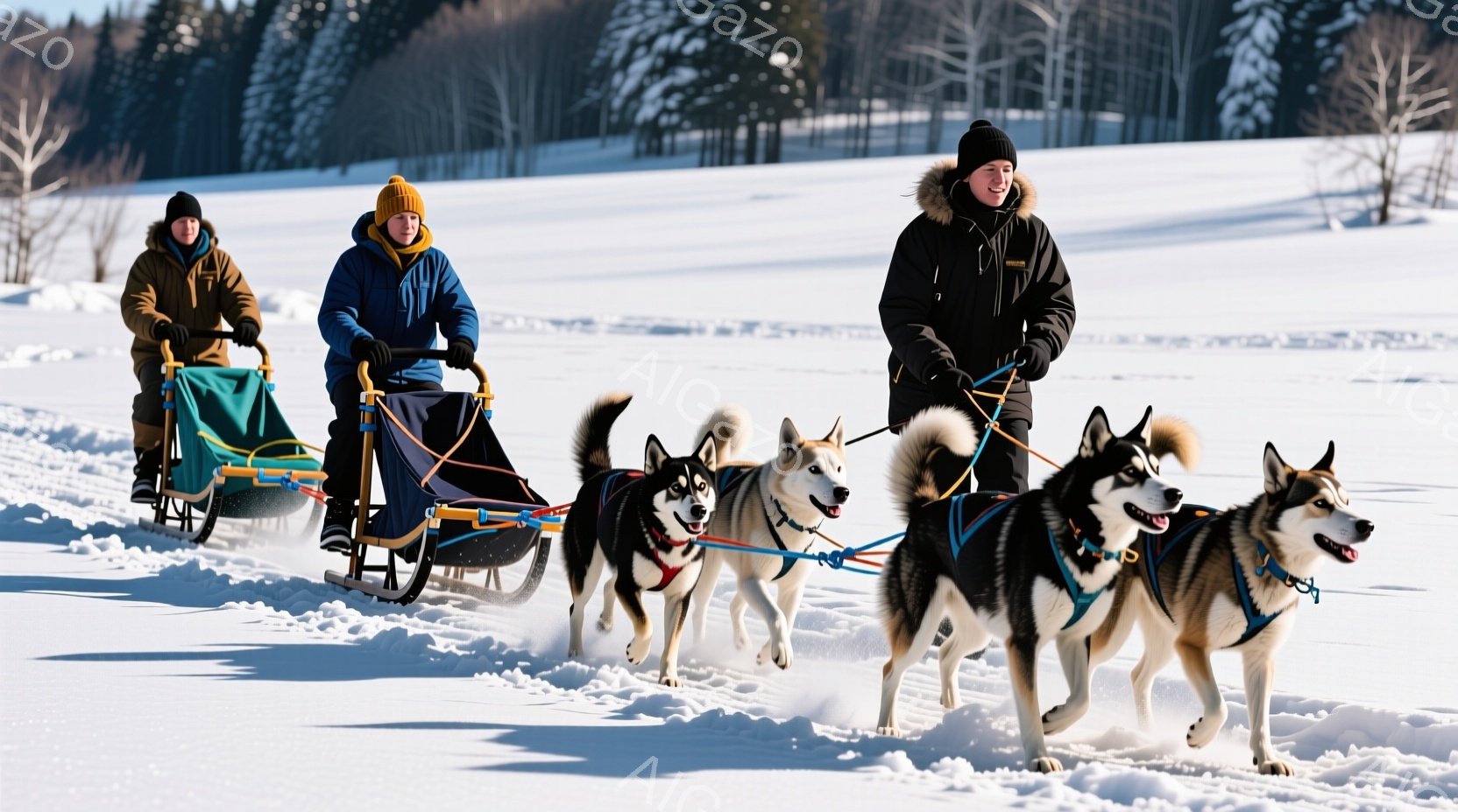 雪景色の中で、犬ぞりを引く二人の男性と四匹のシベリアンハスキーが写っている。片方の男性は紺色のジャケットと帽子を着用し、もう一人はベージュのジャケットを着ており、それぞれ真剣な表情で犬ぞりのハンドルを握っている。背景には白く広がる雪原と、遠くに見える木々が広がり、冬の静寂で澄んだ空気を感じさせる。