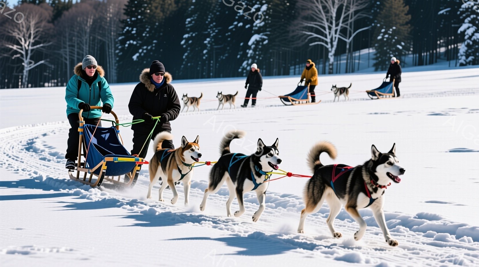 雪原を犬ぞりが走っている様子が写っている。先頭の男性は黒いジャケットを着用し、犬たちを引くロープを握っている。背景には雪景色が広がり、他の犬ぞりも小さく見える。