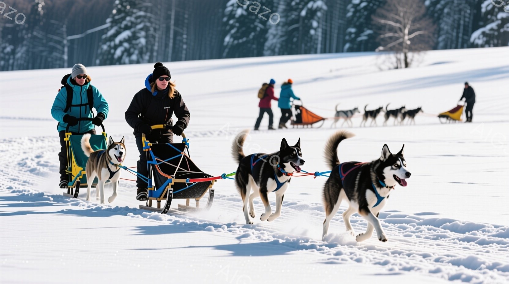 雪の中で人と犬が行動するシーンを表しています。左側には、防寒服に身を包んでおり、歩くように調教された5匹のハスキー犬が集中して進みます。人物は冷められた表情を見せていますが、全体として楽しそうな雰囲気です。背景は雪に覆われた場所で、山や森のような自然風景があります。様々な迷路を見つけることが可能ですが、どれも舗装されているかは不明です。