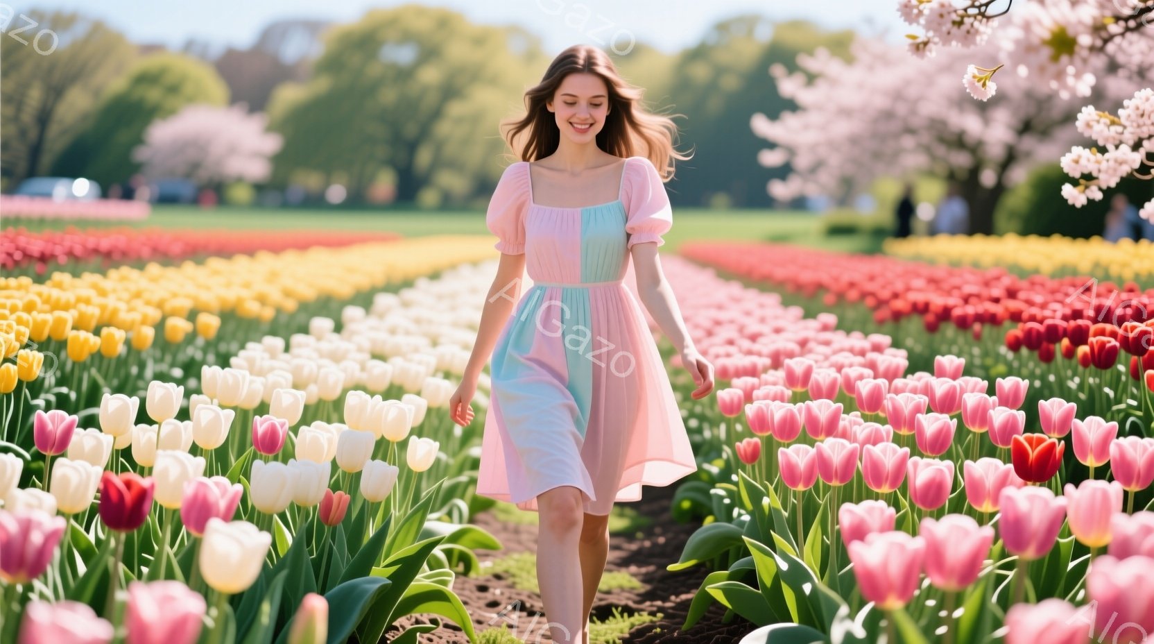 広大なチューリップ畑の中を歩く女性が写っています。彼女はパステルカラーのミモレ丈のワンピースを着ており、髪は自然なカールで肩から背中に流れています。背景には、ピンクや黄色、白のチューリップが咲き乱れ、 - AI生成フリー素材