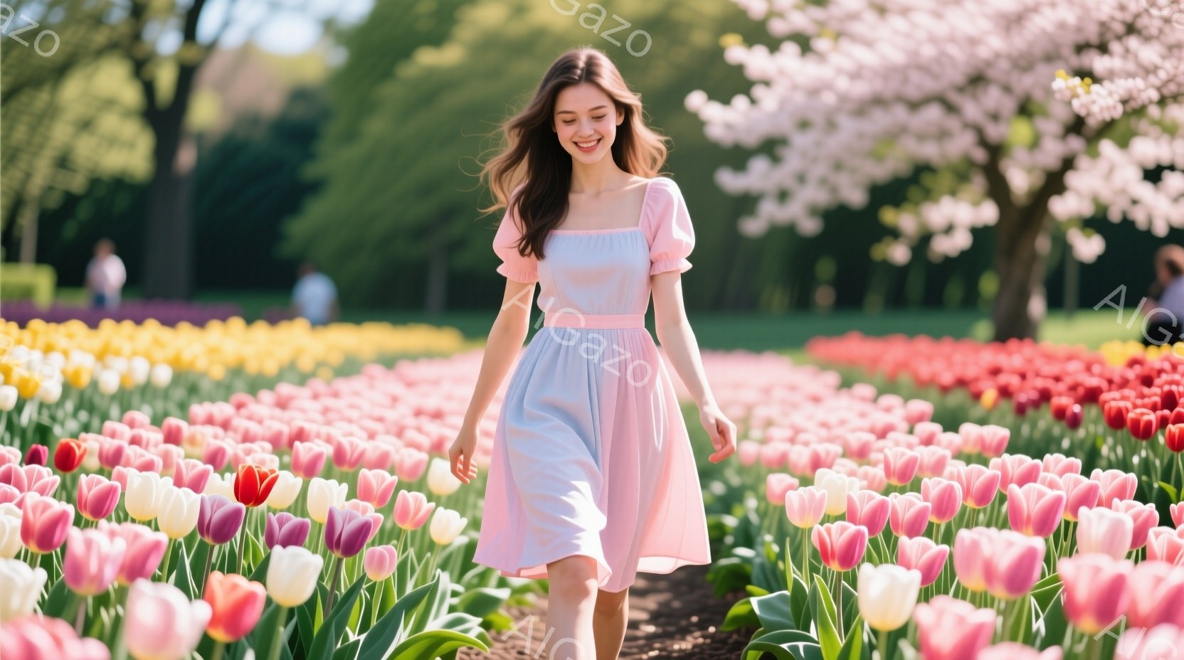 明るい日差しの中で、女性がチューリップ畑の中を歩いている。ピンクと白のパステルカラーのワンピースを着ており、ゆるやかなウェーブのかかったロングヘアが風に揺れている。背景には、満開の桜の木々と、様々な色のチューリップが広がり、春の暖かさと幸福感が漂う。