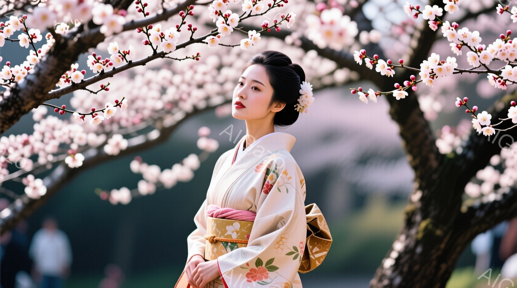 白無垢を身につけた女性が、桜の満開の木の下で静かに佇んでいます。彼女は髪を高くまとめ、華やかな髪飾りを付けており、穏やかな微笑みを浮かべています。背景にはぼやけた建物と、桜並木が広がり、春の暖かく優雅な雰囲気を醸し出しています。