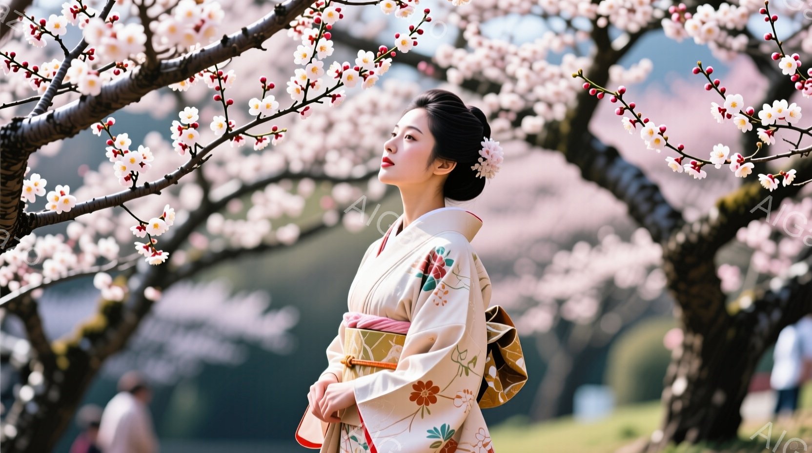 白い着物を着た女性が、桜の木の下で少し上を見ている。着物には、赤や緑の華やかな花柄が描かれており、髪には白い花飾りをつけている。背景にはぼやけた桜並木と緑の芝生が見え、春の穏やかな雰囲気を醸し出してい - AI生成フリー素材