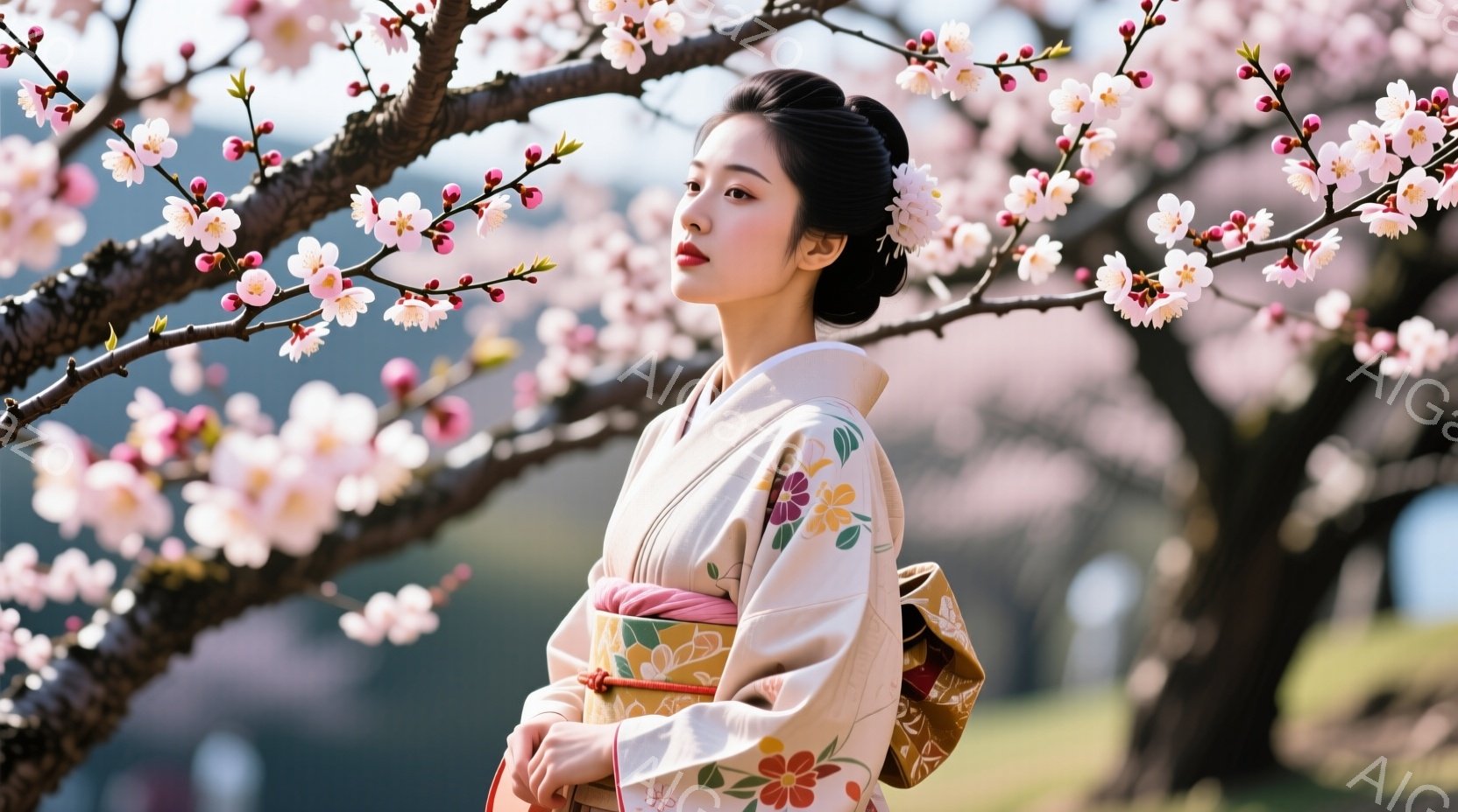 白い着物に身を包んだ女性が、桜の木の下で横を向いています。彼女の髪は上品にまとめられ、顔には控えめな微笑みが浮かんでいます。背景にはぼやけた桜並木と、遠くに見える建物があり、春の穏やかな雰囲気が漂って - AI生成フリー素材