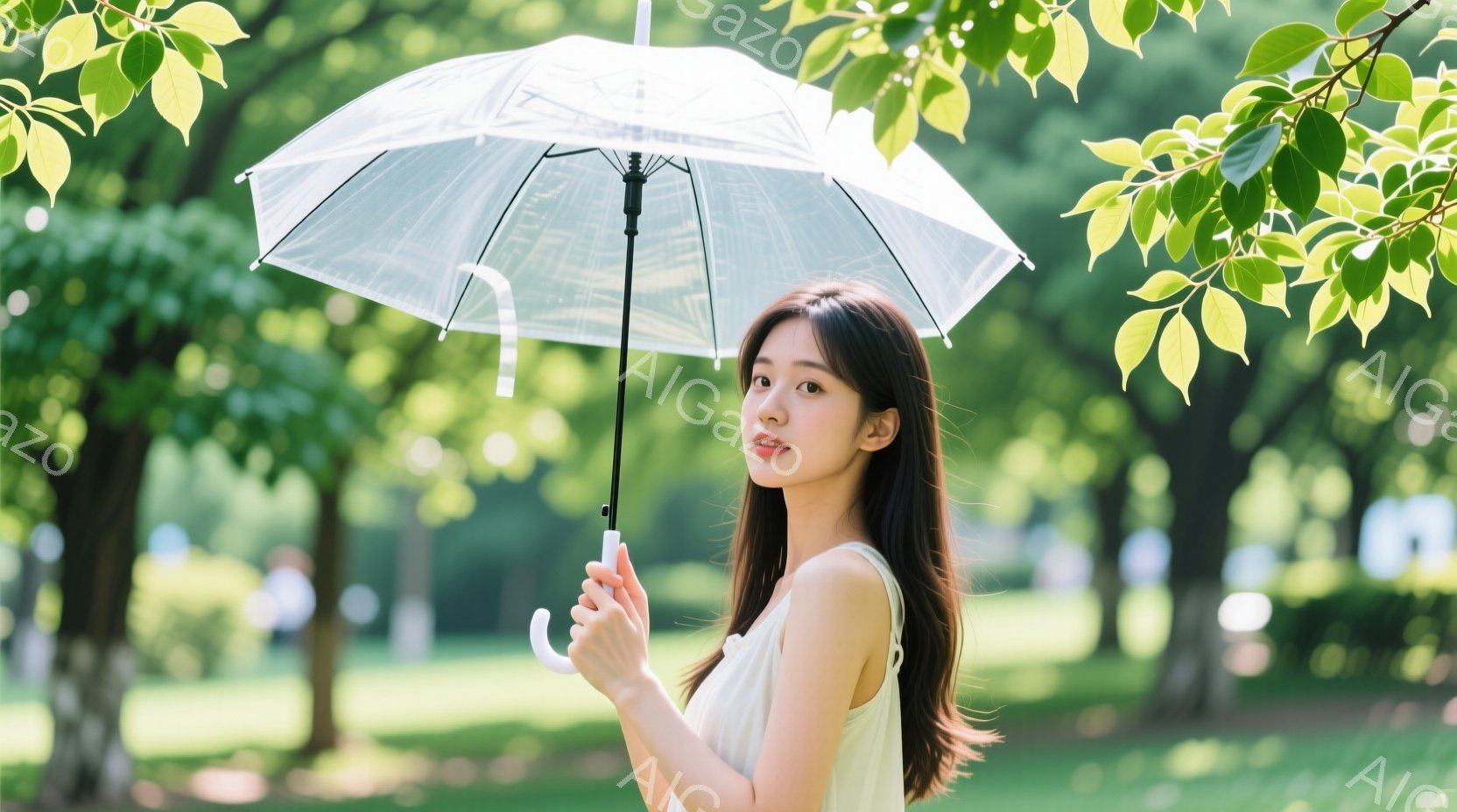 長い黒髪をセンターパートにした若い女性が、透明な傘を手にしています。白いワンピースを着ており、穏やかな表情で少し横を向いています。背景には緑豊かな木々と芝生が広がり、晴れた日の穏やかな雰囲気が漂ってい - AI生成フリー素材