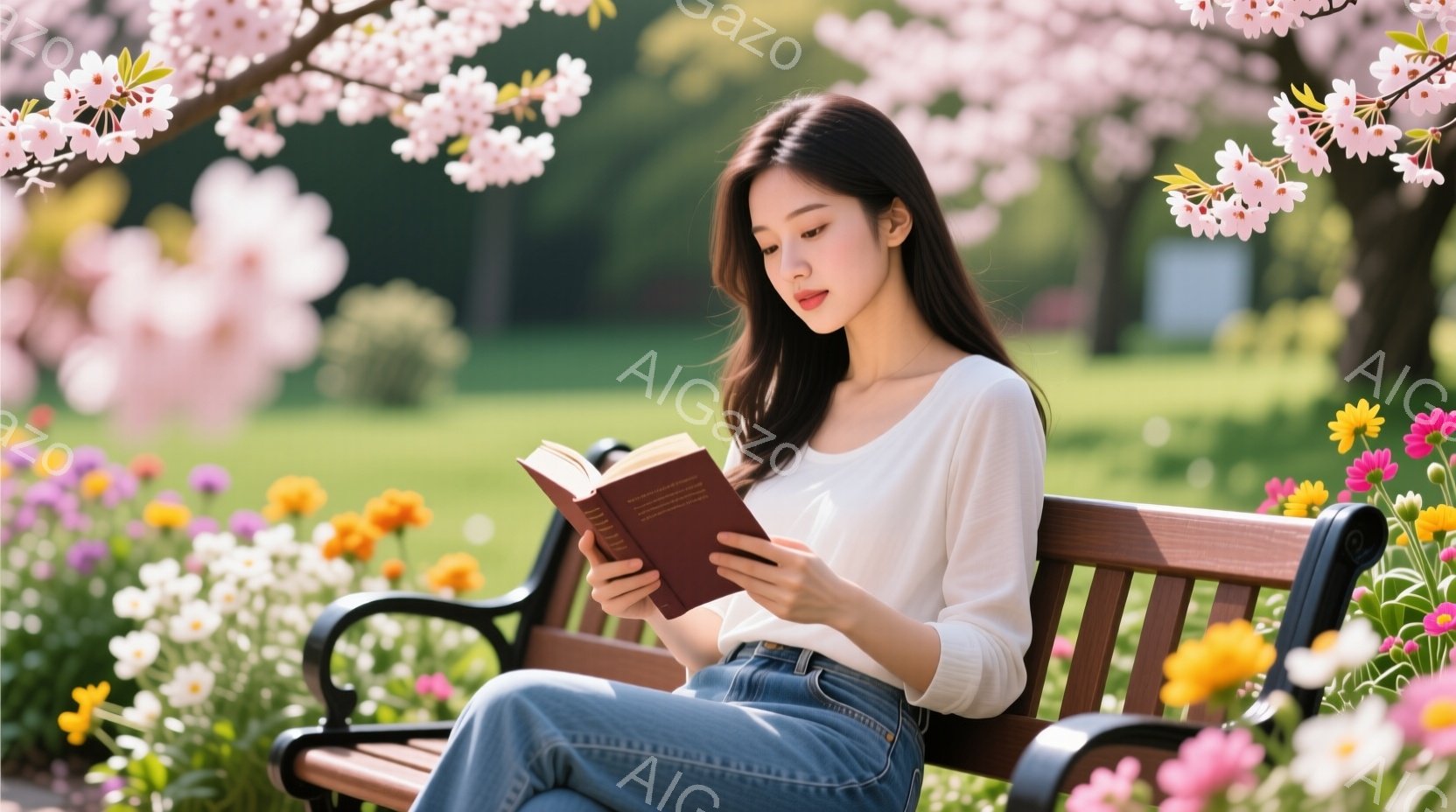 少女は公園のベンチに座り、手に本を開いて読んでいる。白い長袖シャツとデニムパンツを着用し、長い黒髪は自然に肩にかかっている。背景には桜や色とりどりの花が咲き乱れ、穏やかで春らしい雰囲気が漂っている。 - AI生成フリー素材