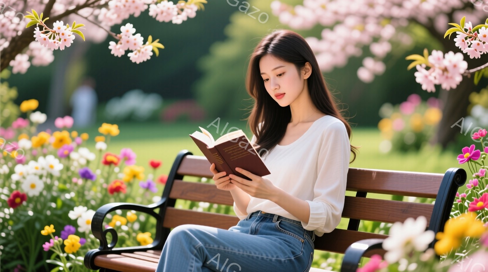 長い黒髪をサイドに流した女性が、公園のベンチに座って本を読んでいる。白い長袖シャツとジーンズ姿で、リラックスした表情で本に集中している。背景には、ピンク色の花々が咲き乱れ、緑豊かな自然が広がり、穏やか - AI生成フリー素材