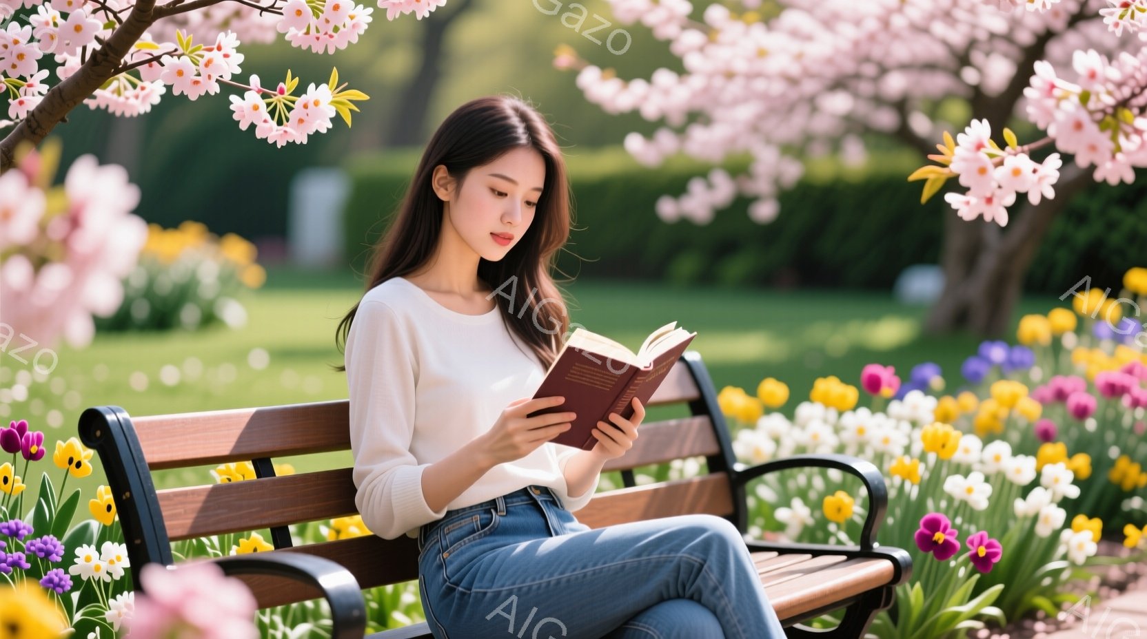 長い黒髪をなびかせた女性が公園のベンチに座り、本を読んでいます。白いセーターとジーンズというカジュアルな服装で、リラックスした表情を浮かべています。背景には、色とりどりの花が咲き乱れ、春の穏やかな日差 - AI生成フリー素材