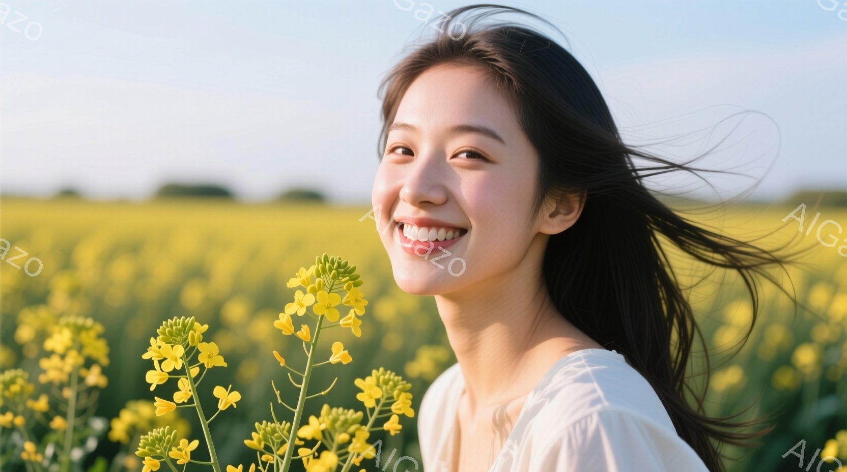 少女は菜の花畑で微笑んでいます。彼女はオフホワイトのトップスを着ており、風になびく長い黒髪が印象的です。背景には一面の黄色い菜の花が広がり、晴れた空の下で明るく希望に満ちた雰囲気が漂っています。