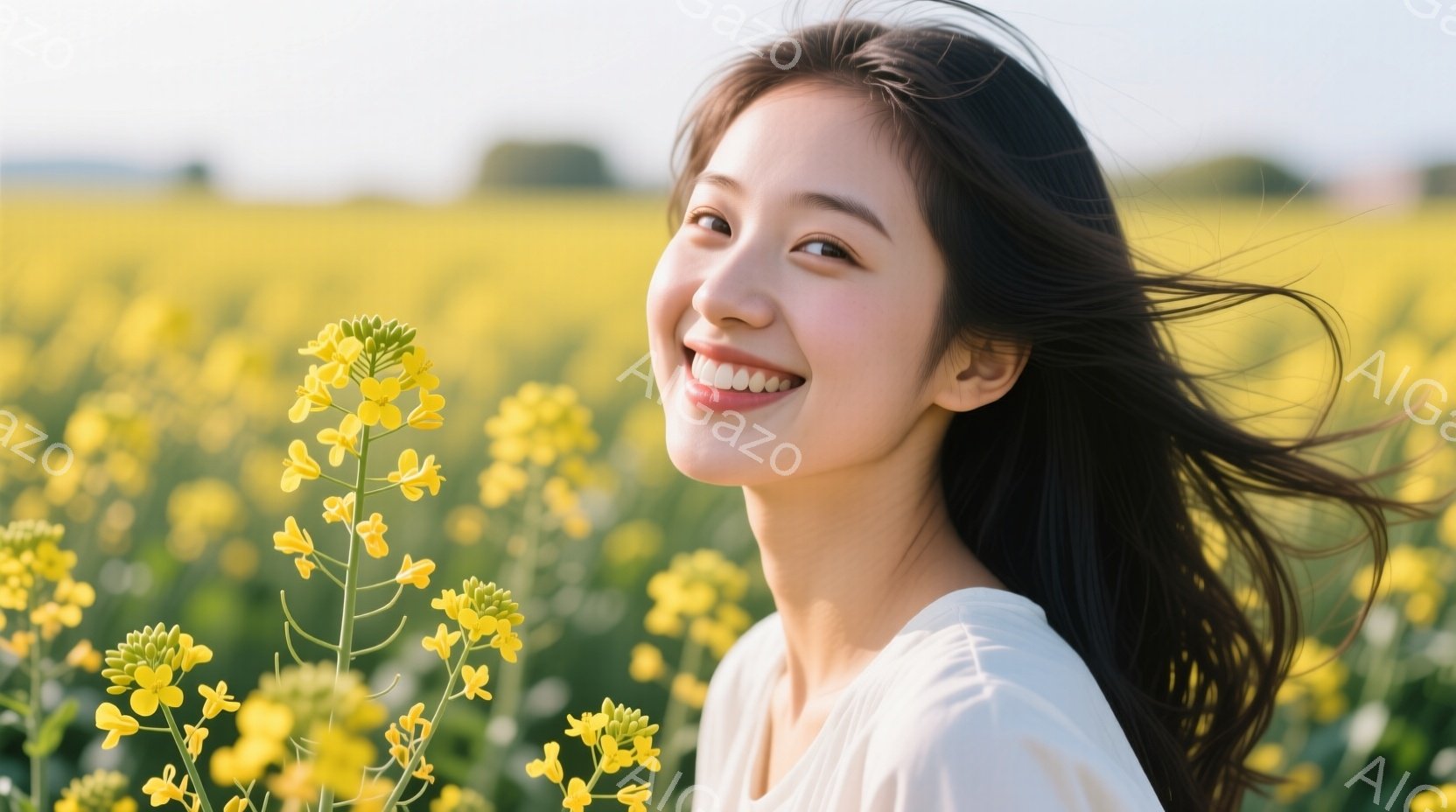 長い黒髪が風になびき、白いシャツを着た若い女性が写っている。彼女は明るい笑顔を浮かべ、視線はやや右を向いている。背景には鮮やかな黄色の菜の花畑が広がり、暖かい日差しの中で穏やかな雰囲気が漂っている。 - AI生成フリー素材