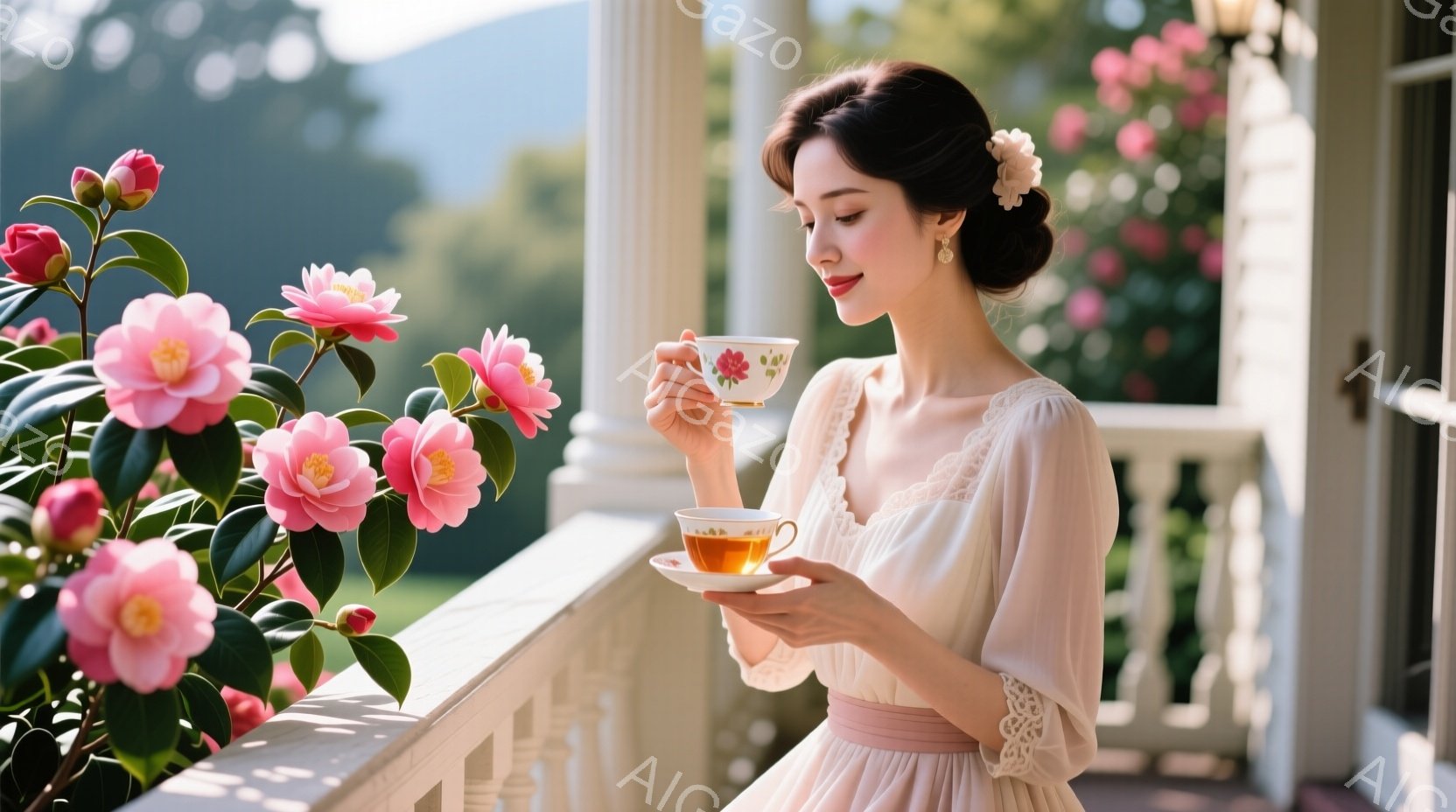 美しい女性が、クリーム色のレース襟のドレスを着て、ベランダの手すりに寄りかかりながらティーカップを手に持っています。彼女は髪を上品にまとめ、顔には穏やかな微笑みが浮かんでいます。背景にはピンク色のツバキの花が咲き乱れ、白塗りの柱と手すりがクラシカルな雰囲気を醸し出しています。
