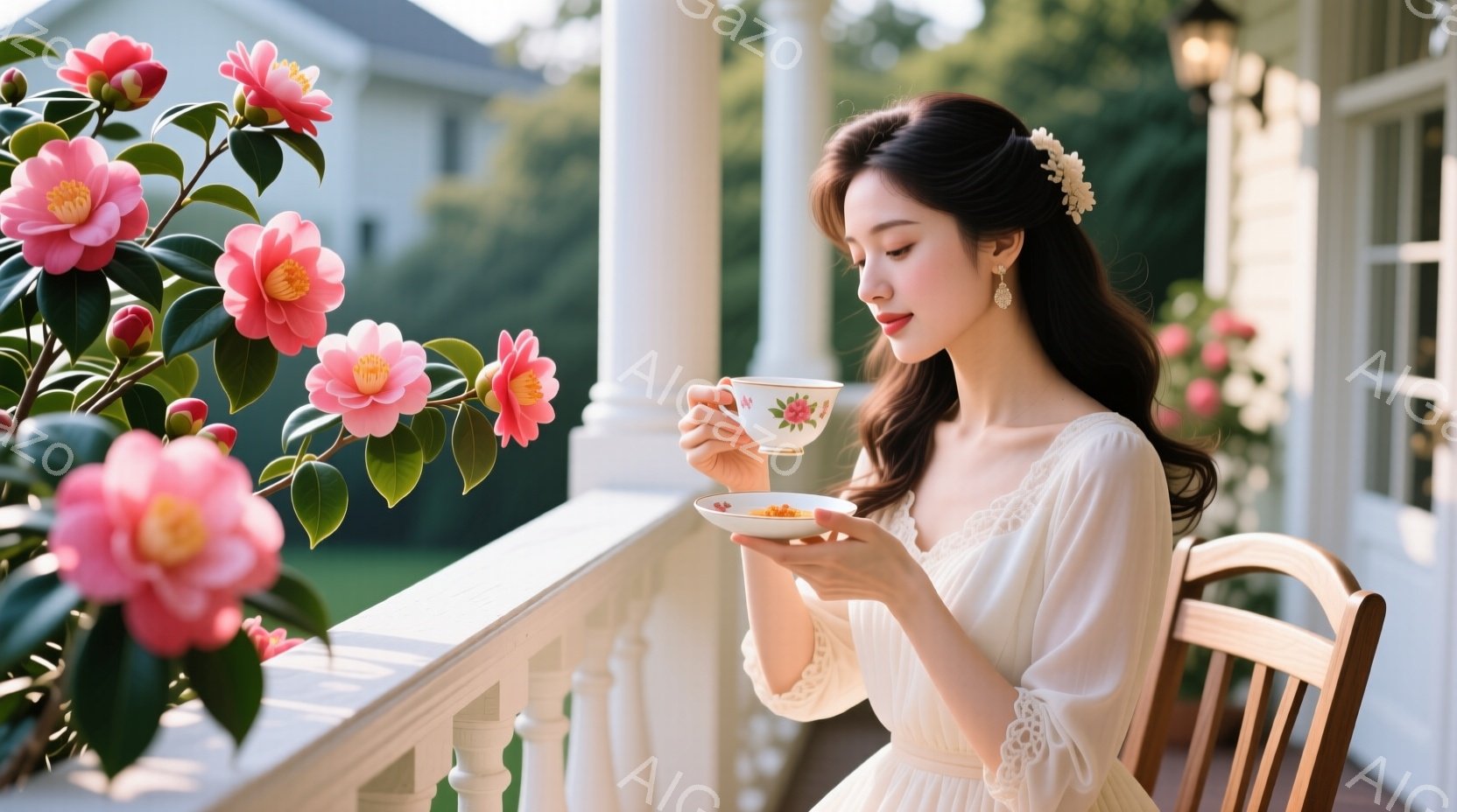 白いレースのドレスを着た女性が、バルコニーで優雅にティーカップを手にしている。彼女は髪を後ろでまとめ、耳元には控えめな装飾が輝き、穏やかな微笑みを浮かべている。背景には緑豊かな庭園と白い柱が並び、明るい日差しが降り注ぎ、優雅で穏やかな雰囲気を醸し出している。