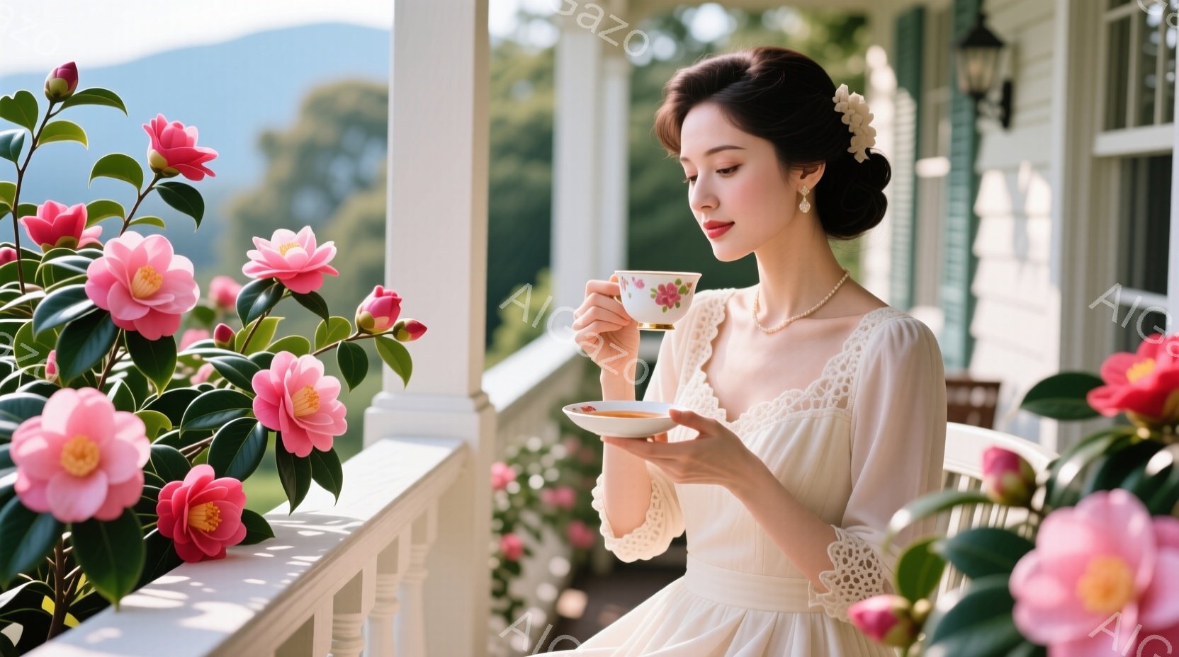 白いレース襟のドレスを着た女性が、陶器製のティーカップを手に、優雅にティータイムを楽しんでいる。彼女は髪を上品にまとめ、真珠のネックレスを身につけ、穏やかな微笑みを浮かべている。背景には緑豊かな自然と建物が見え、晴れた日の穏やかな雰囲気が漂っている。