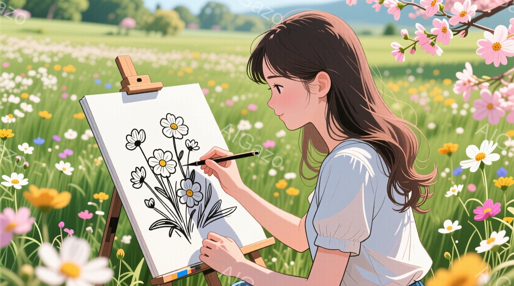 長い茶色の髪をなびかせ、白いブラウスを着た若い女性が、花畑の中でキャンバスに花を描いています。彼女はエプロンをつけており、集中した表情で筆を握っています。背景には、さまざまな花々が咲き乱れ、遠くには緑 - AI生成フリー素材