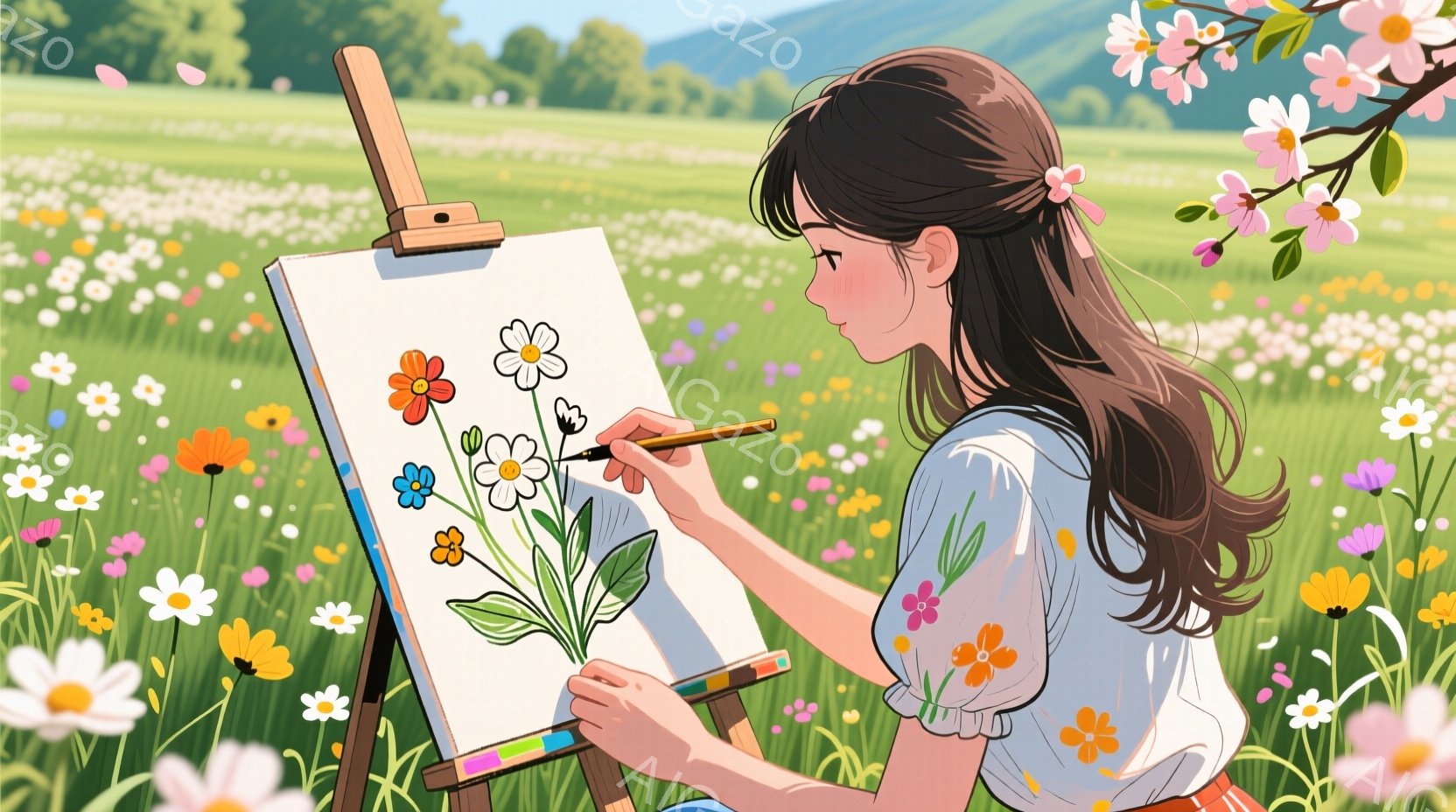 長い巻き毛の女性が花畑で絵を描いている。彼女は白いブラウスにスカートを履いており、少し微笑んでいるように見える。背景には緑豊かな丘と様々な色の花々が咲き乱れ、穏やかで平和な雰囲気が漂っている。 - AI生成フリー素材
