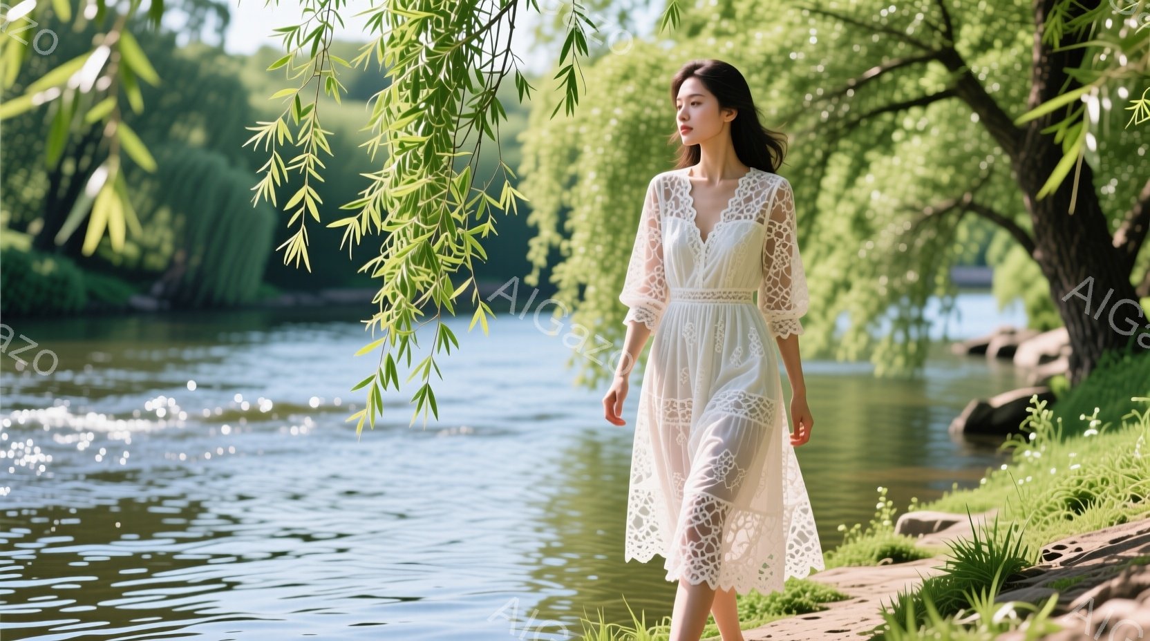 白いレースのミディアム丈ワンピースを着た女性が、湖畔を歩いている。彼女は長い黒髪を自然に垂らし、穏やかな表情で、まるで絵画のような優しい雰囲気を醸し出している。背景には緑豊かな木々と穏やかな湖が広がり - AI生成フリー素材