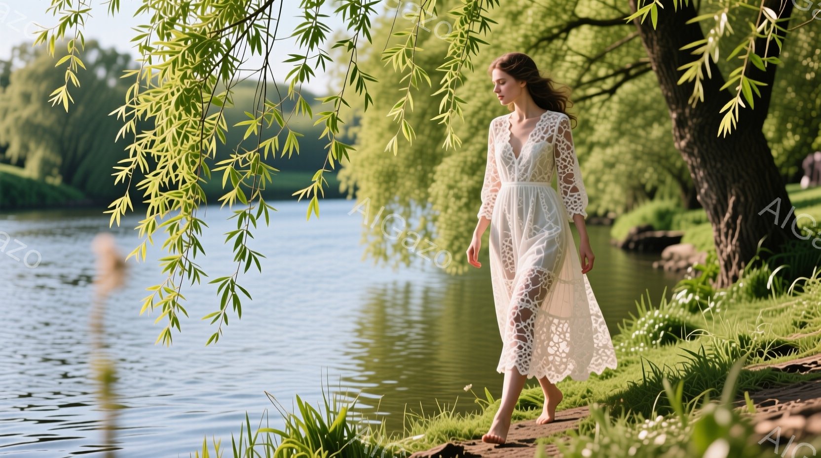 長いレースのワンピースを着た女性が、裸足で緑豊かな川岸を歩いている。彼女は、流れるような長い髪を持ち、穏やかで微笑みをたたえた表情をしている。背景には、水面が輝く川と、緑豊かな木々が生い茂る穏やかな自然が広がっており、晴天の下、暖かく平和な雰囲気が漂う。