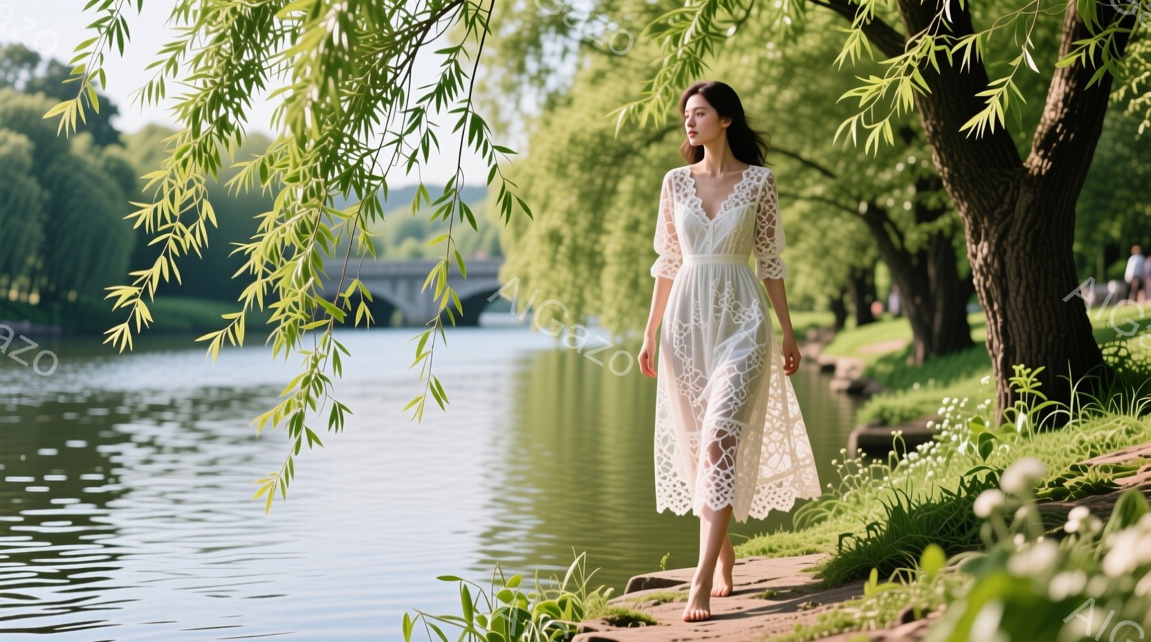 白いレースのワンピースを着た女性が、川沿いの土手を歩いている。彼女は素足で、長い黒髪を後ろに垂らしており、穏やかな表情で前を見ている。背景には緑豊かな木々と穏やかな水面、遠くに橋が見え、日差しが柔らか - AI生成フリー素材