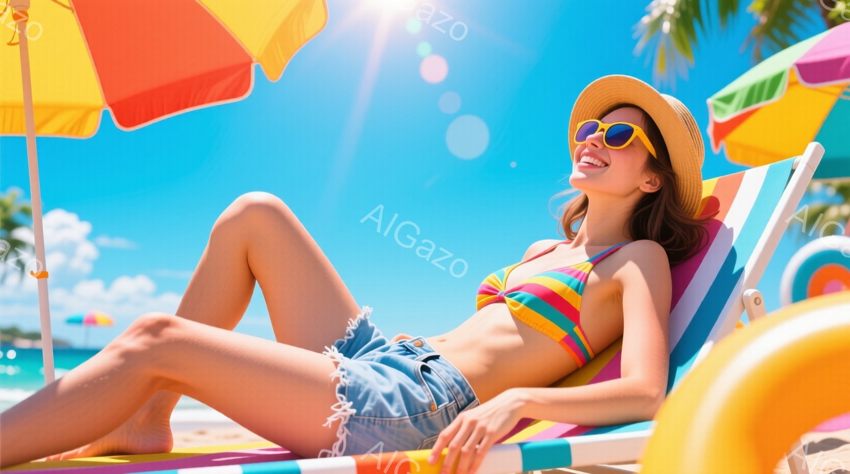 金髪の女性がビーチチェアに横たわり、明るい笑顔を見せています。彼女はストライプのビキニとデニムのショートパンツを着ており、麦わら帽子とサングラスをかけています。背景には青い空、ヤシの木、カラフルなパラ - AI生成フリー素材