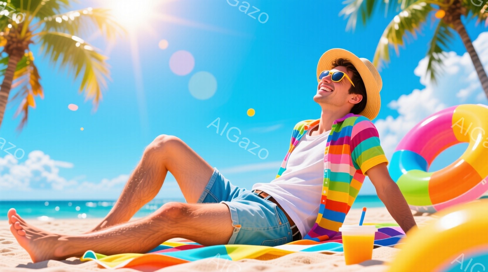 砂浜で横たわる男性が写っています。白いTシャツに短い水色のズボンを着用し、カラフルなストライプのシャツを肩に掛けています。彼は麦わら帽子を被り、サングラスをかけ、リラックスした表情で、足元にはカラフルなフロートとオレンジジュースが置かれています。