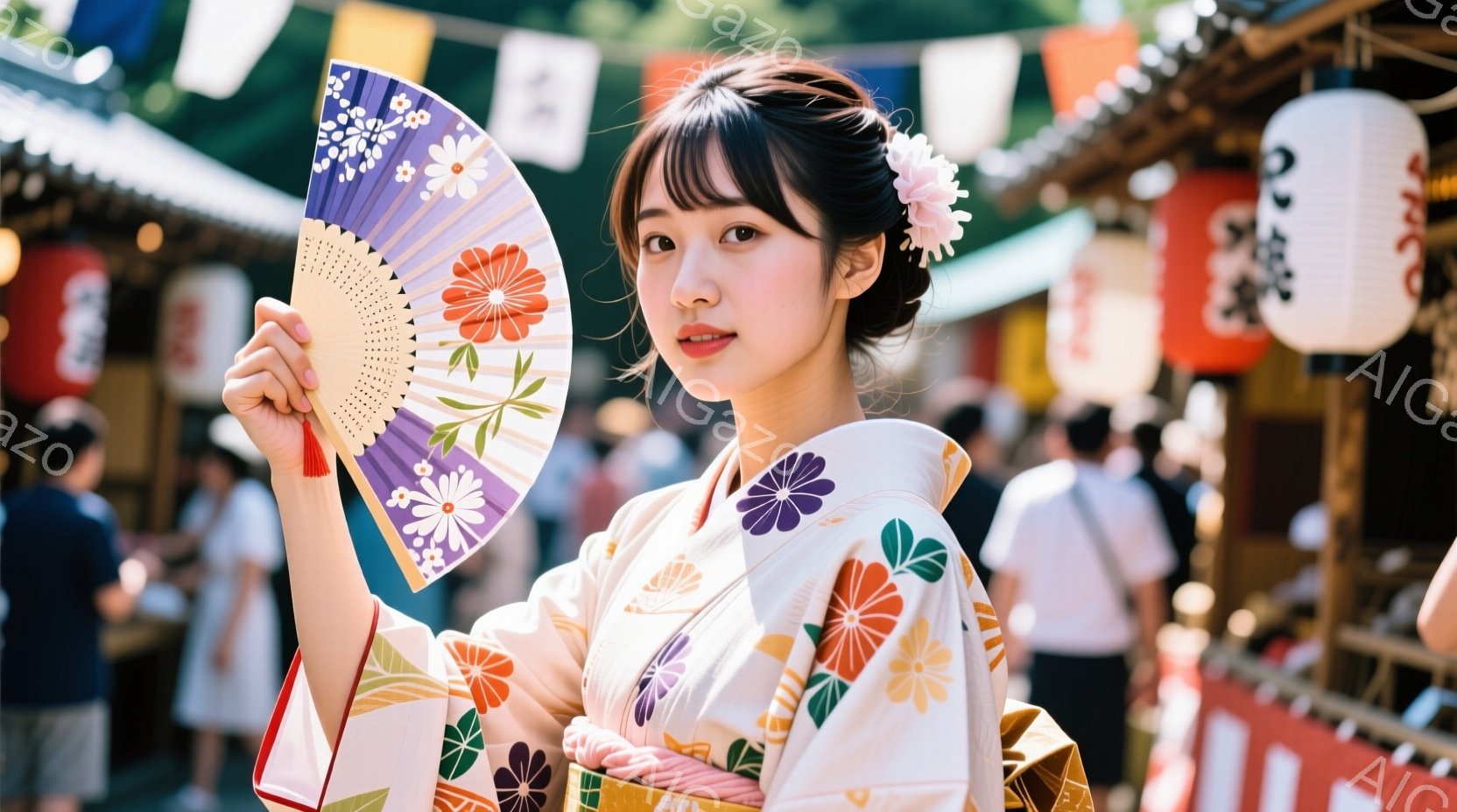 白地にピンクや紫、オレンジ色の花柄が入った着物を着た女性が、ピンクと白の絞り模様の扇子を持って正面を見つめています。彼女は黒髪を後ろでまとめ、髪飾りをつけており、穏やかな表情を浮かべています。背景には - AI生成フリー素材