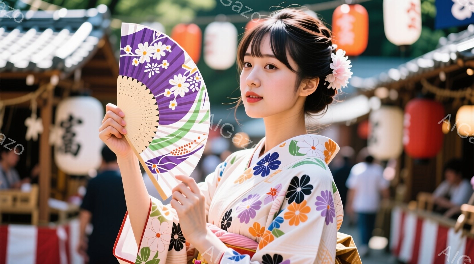 女性は鮮やかな花柄の着物を着ており、髪には花飾りをつけています。彼女は微笑みを浮かべ、片手に折り扇を持ち、少し上を見ているポーズをとっています。背景には赤い鳥居や屋台が並び、賑やかなお祭りの様子が伺えます。