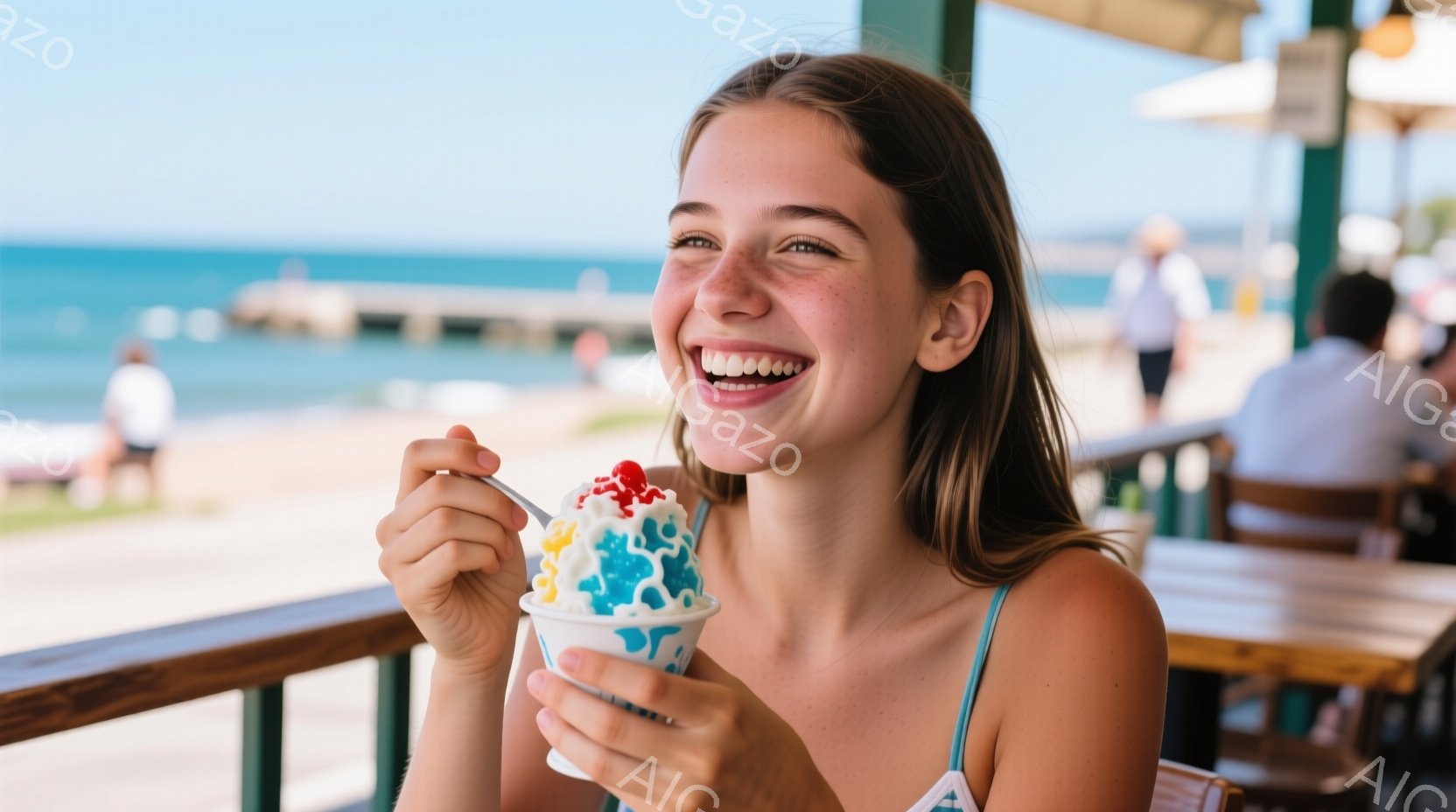 人物は女性で、スコープカップを手に食べている。表情は微笑がかわいく、気分は楽しそう。建物の周りは青海と浜辺の景色で、雰囲気はリラックスした夏の日。