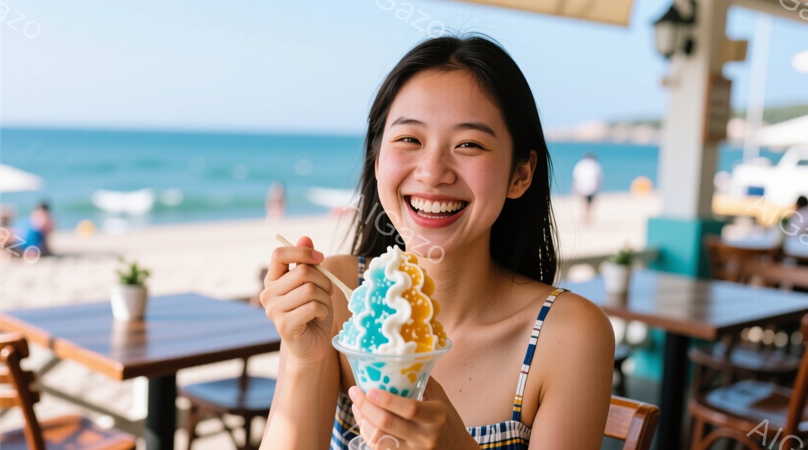 黒髪を肩まで伸ばした女性が、カラフルなハワイアンシェイブアイスを笑顔で手に持っています。彼女は肩出しのストライプ柄のワンピースを着ており、背景には青い海と砂浜、そして木製のテーブルと椅子が見えます。日差しが強く、海辺のリゾート地でリラックスした雰囲気が漂っています。