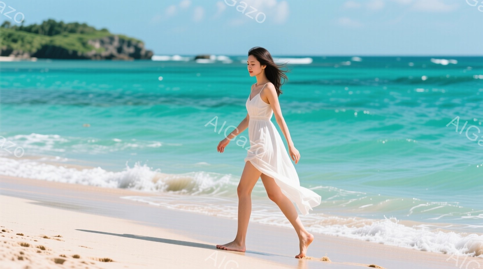白いロングドレスを着た女性が、砂浜を裸足で歩いている。髪は風になびき、リラックスした表情で穏やかな海を見つめているようだ。背景にはエメラルドグリーンの海と緑豊かな丘が見え、晴天の下、穏やかで解放的な雰囲気が漂っている。