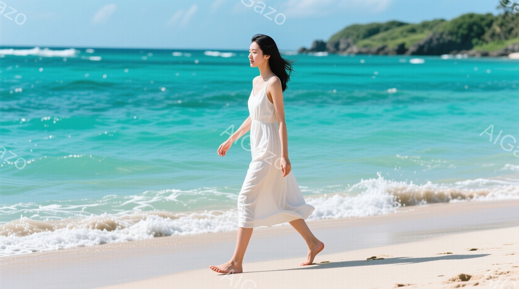 白いワンピースを着た女性が、白い砂浜を裸足で歩いている。彼女は黒髪で、少し風になびいている。背景にはターコイズブルーの海と緑豊かな丘が見え、晴れた空が広がり、穏やかでリラックスした雰囲気を醸し出してい - AI生成フリー素材