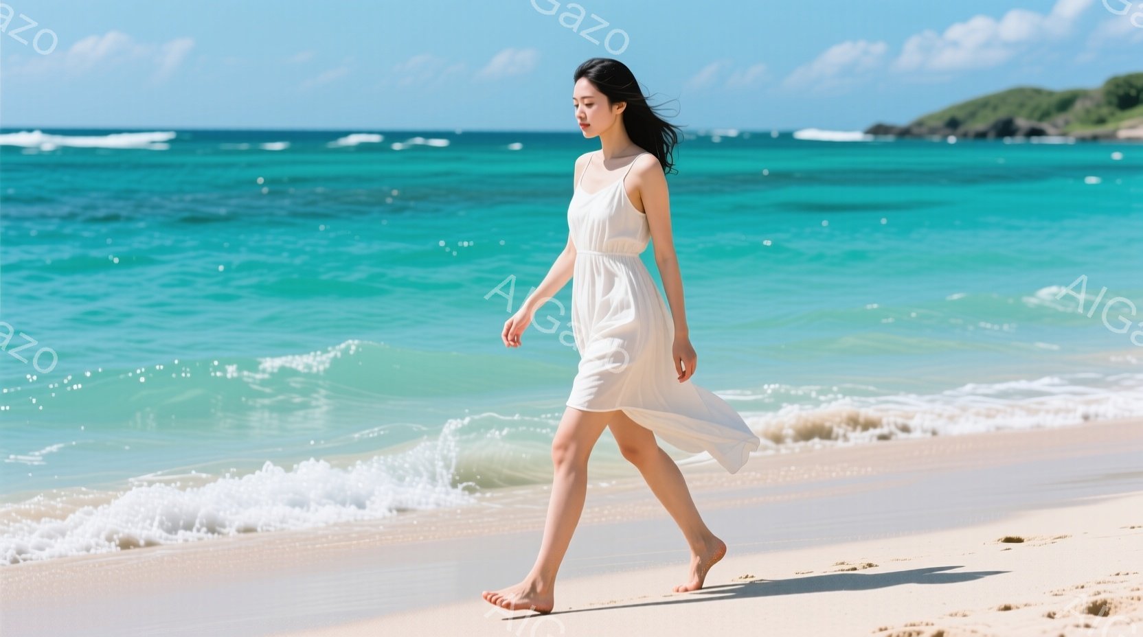 白いワンピースを着た女性が、砂浜を裸足で歩いている。ワンピースは風になびき、彼女の長い黒髪も揺れている。背景にはエメラルドグリーンの海と白い波が広がり、晴天の下、穏やかでリラックスした雰囲気が漂ってい - AI生成フリー素材