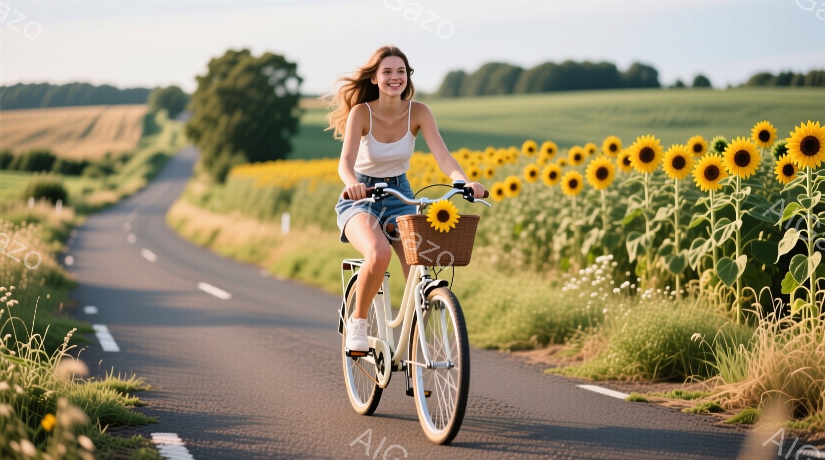 白いワンピースを着た若い女性が、片側にバスケットが付いた自転車に乗ってアスファルトの道を進んでいます。彼女は微笑んでおり、風になびく長い髪が、自由で幸せな雰囲気を醸し出しています。背景には一面に広がるひまわり畑と、遠くに見える緑豊かな丘陵地帯が広がり、晴れた日の穏やかな田園風景を描いています。