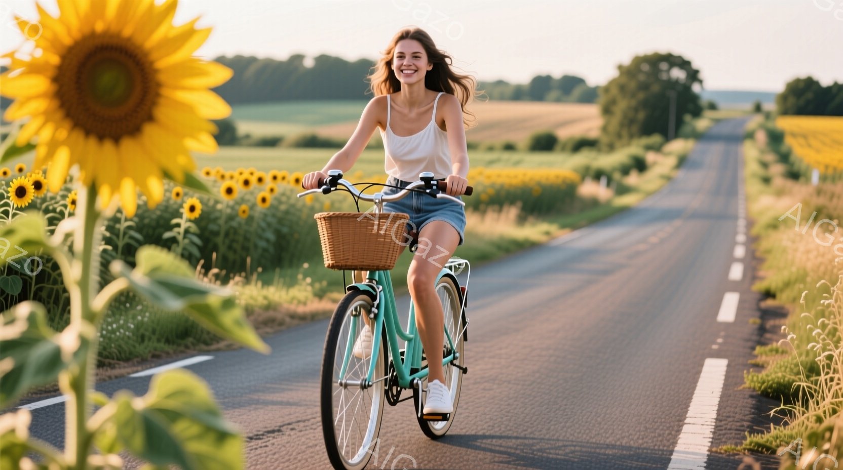 浅い緑色の自転車に乗った若い女性が、太陽の花畑の中を走っている。彼女は白いタンクトップと短いジーンズのズボンを着用し、風になびく長い髪を持ち、顔には明るい笑顔が浮かんでいる。背景には、広がる畑と、暖か - AI生成フリー素材